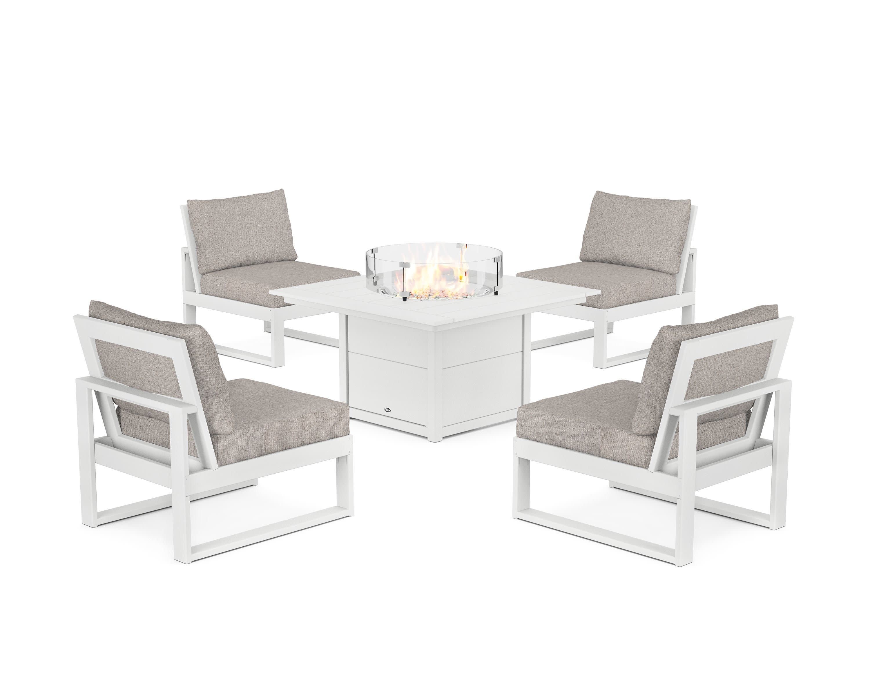 Eastport Modular 5-Piece Deep Seating Set with Square Fire Pit Table in Classic White / Weathered Tweed