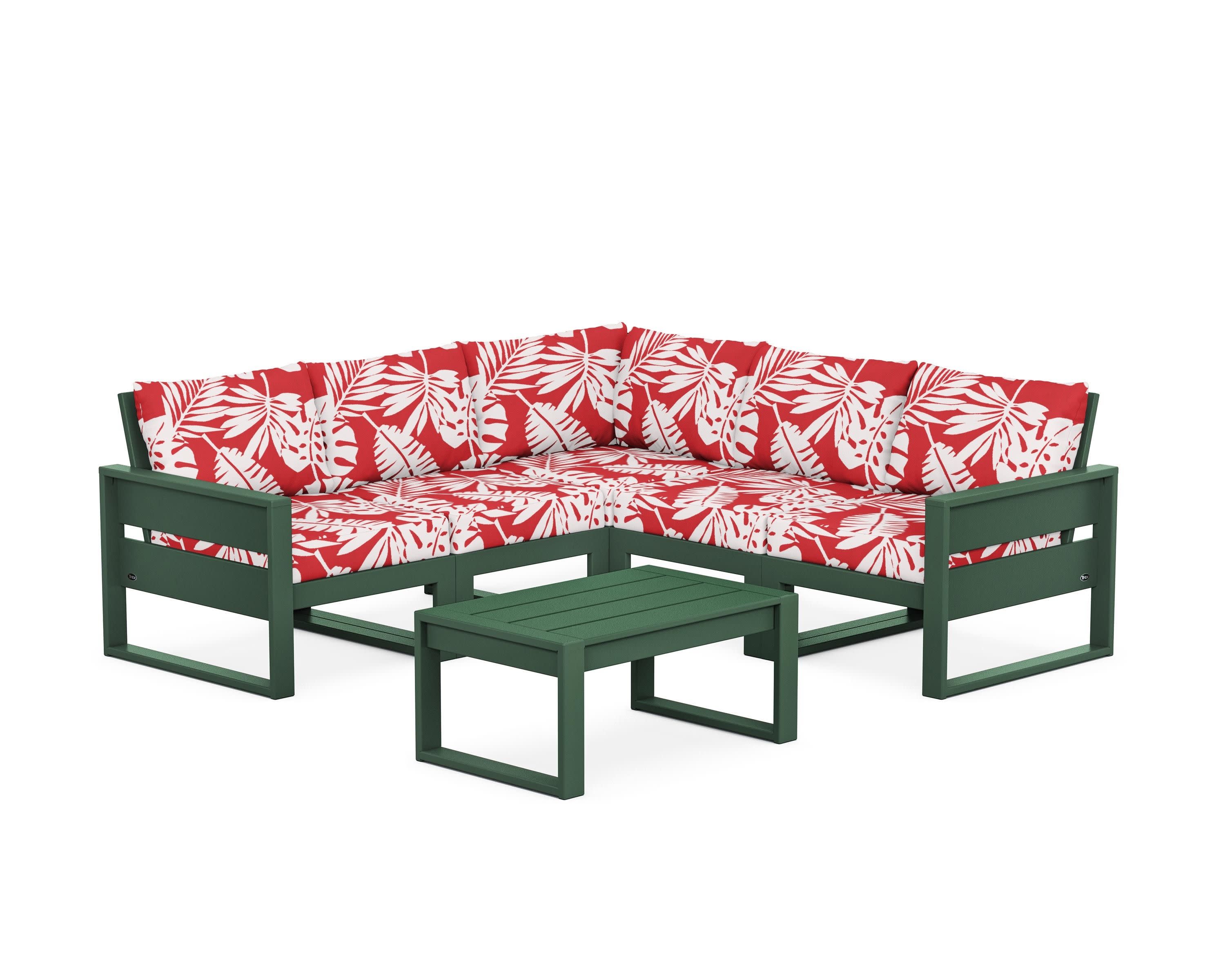 Eastport 6-Piece Deep Seating Sectional + Coffee Table Set in Rainforest Canopy / Leaf Crimson