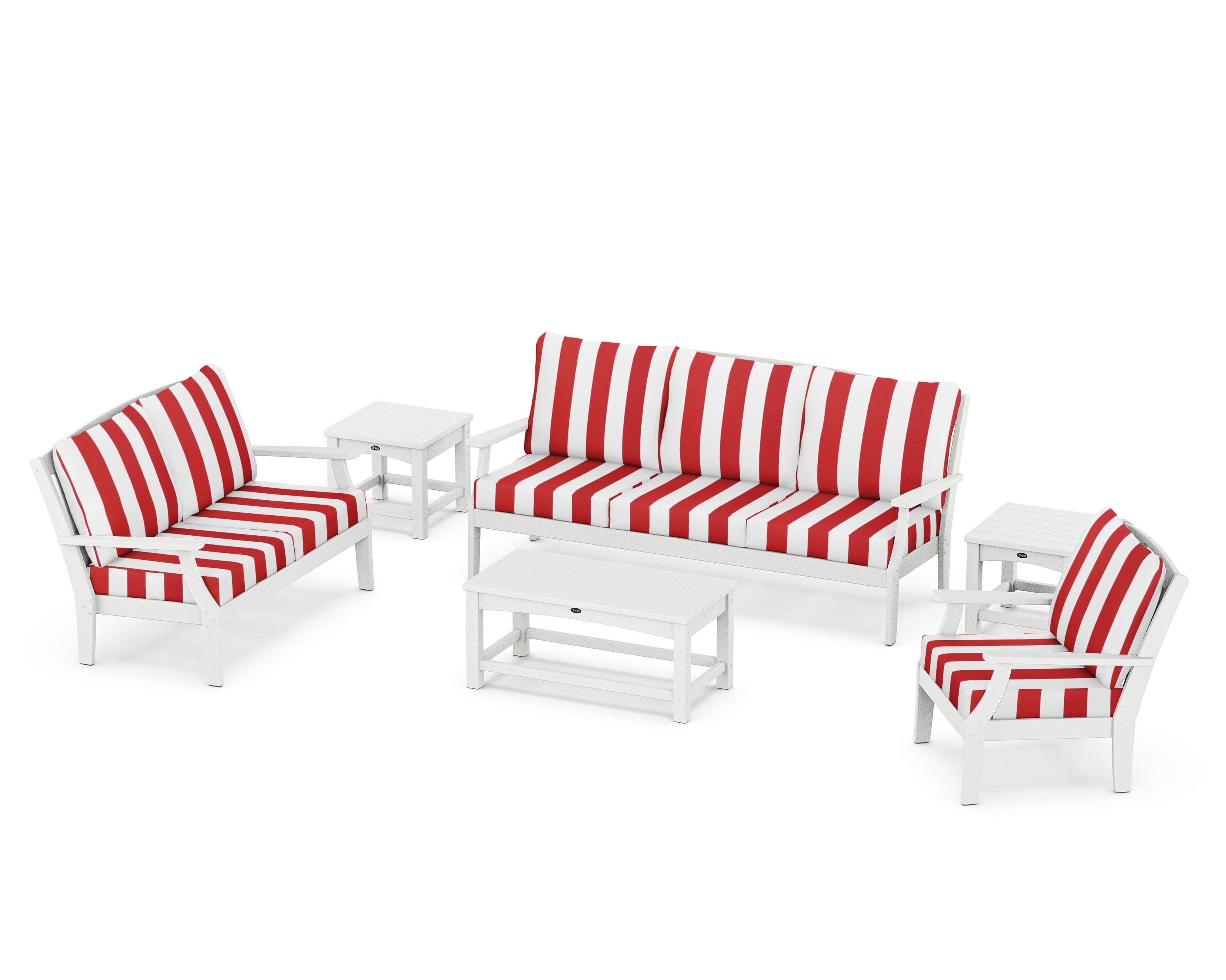 Yacht Club 6-Piece Deep Seating Set in Classic White / Cabana Stripe Crimson