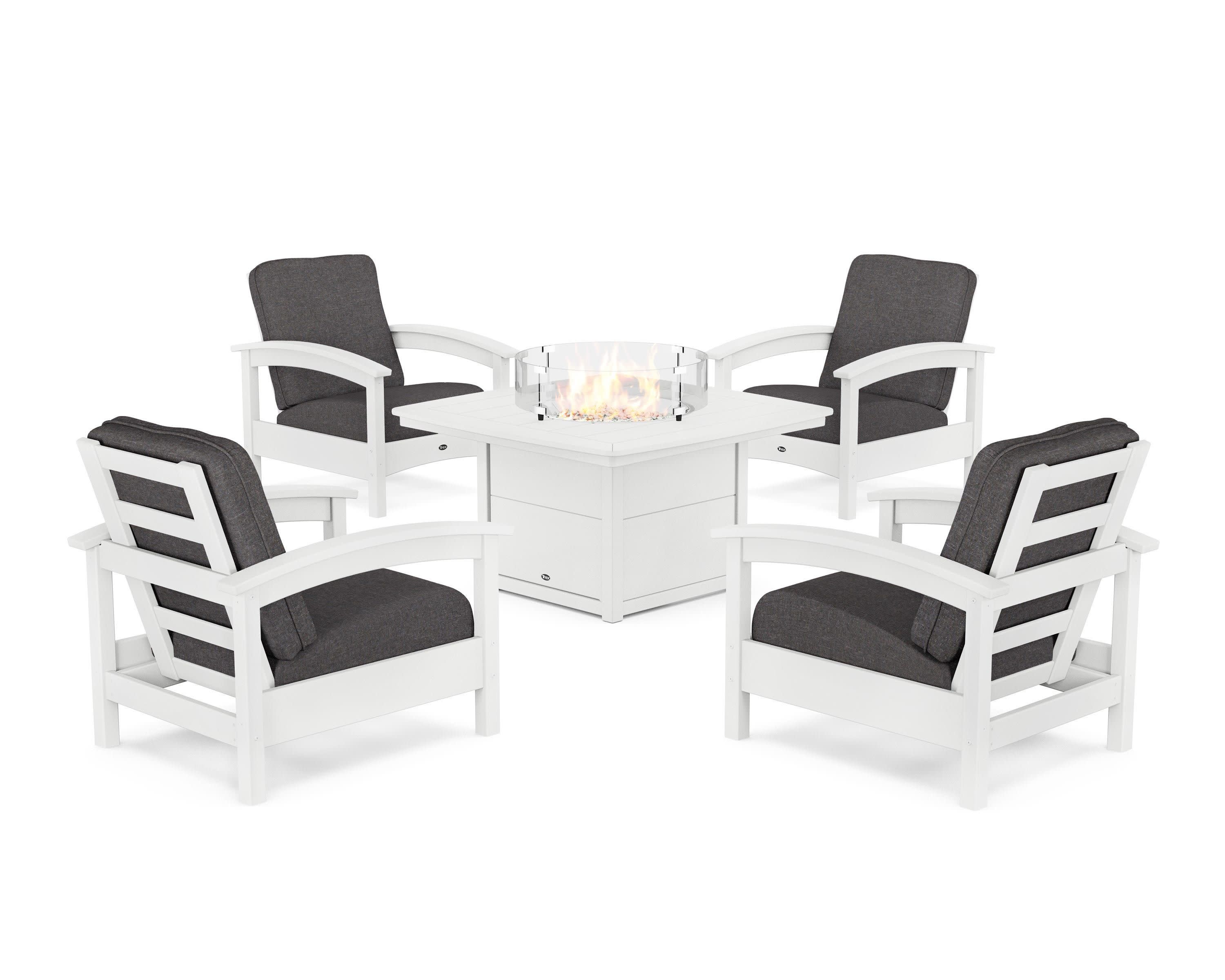 Rockport 5-Piece Deep Seating Set with Yacht Club Fire Pit Table in Classic White / Ash Charcoal