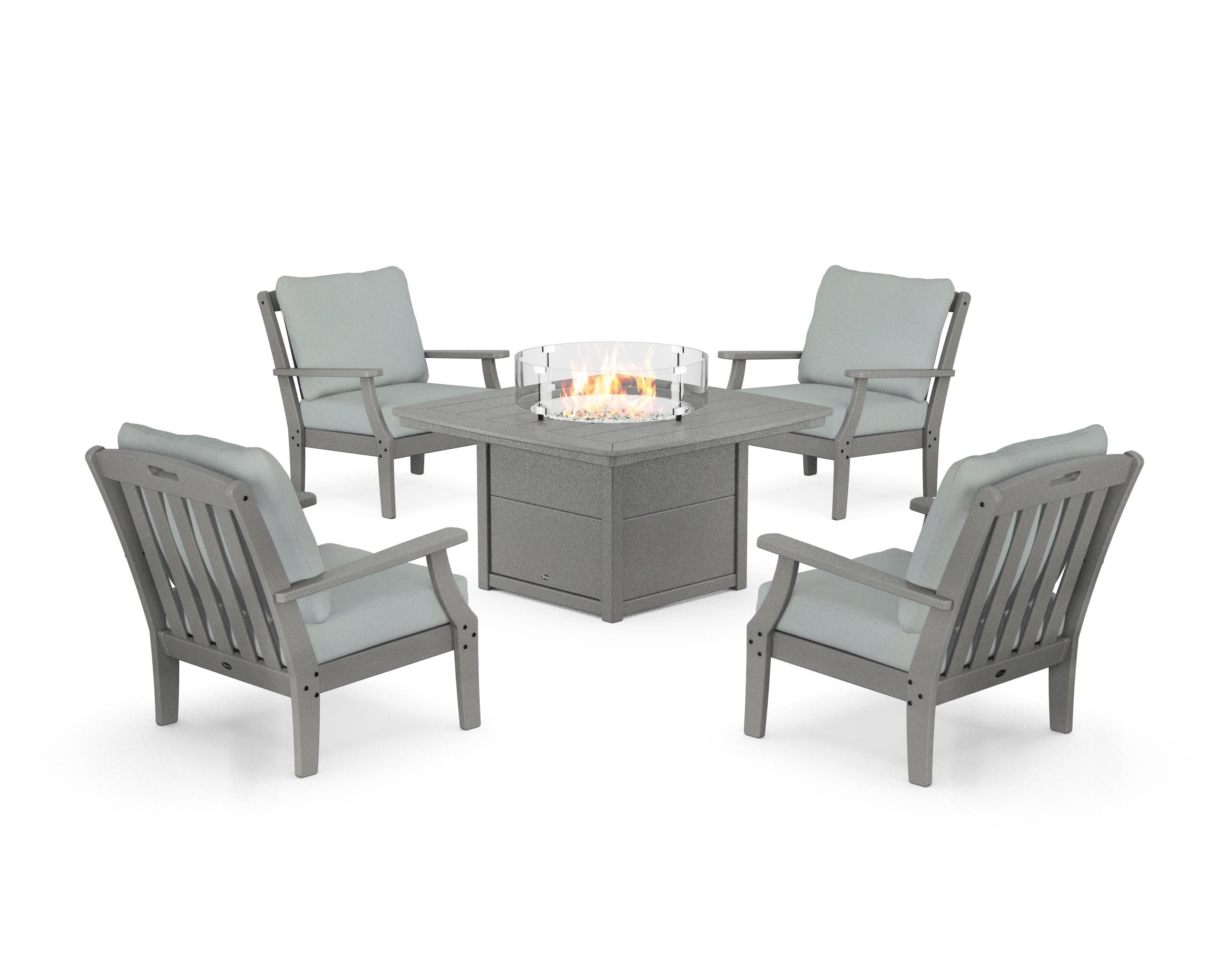 Yacht Club 5-Piece Deep Seating Set with Fire Pit Table in Stepping Stone / Spa