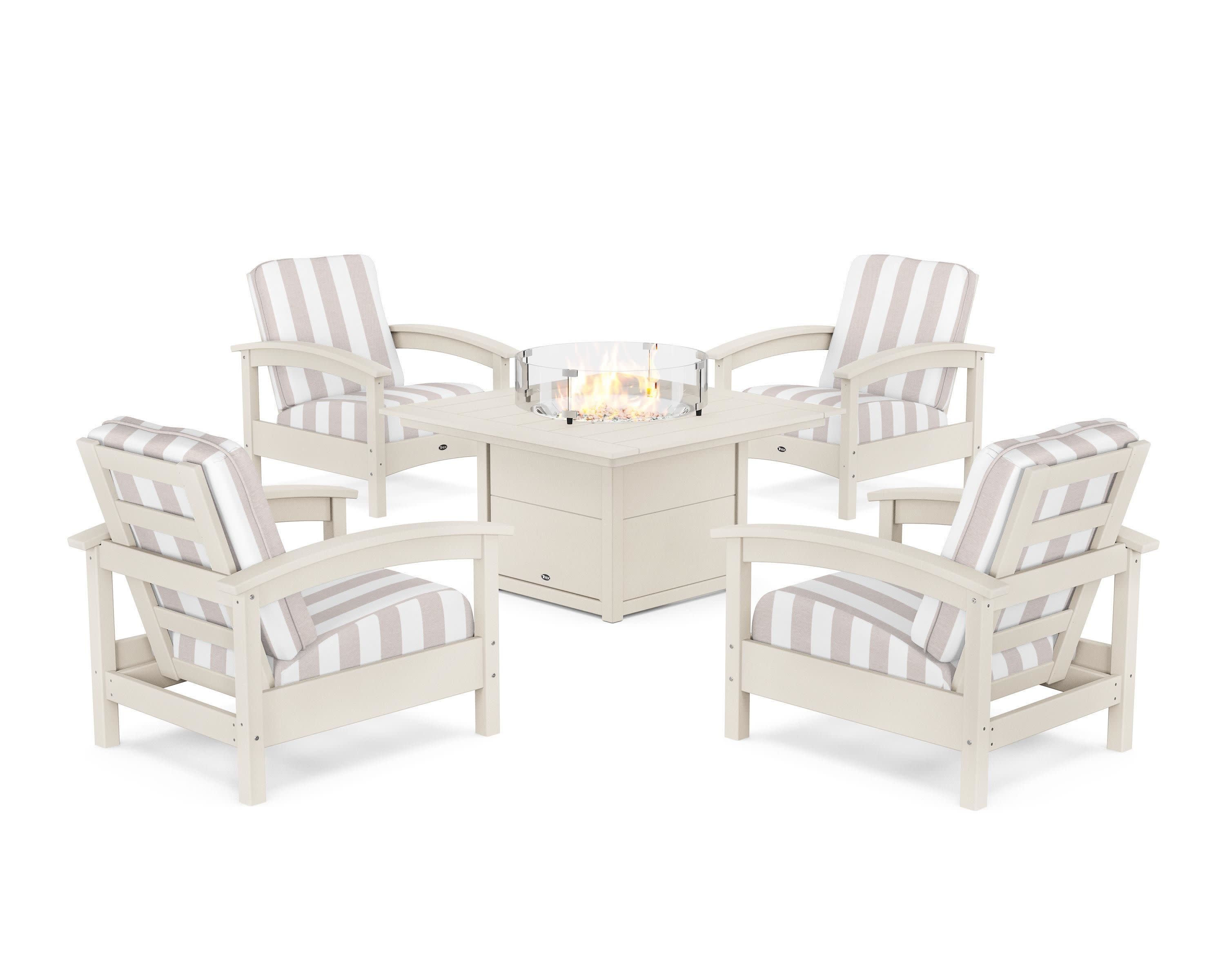 Rockport 5-Piece Deep Seating Set with Square Fire Pit Table in Sand Castle / Cabana Stripe Dune Burlap