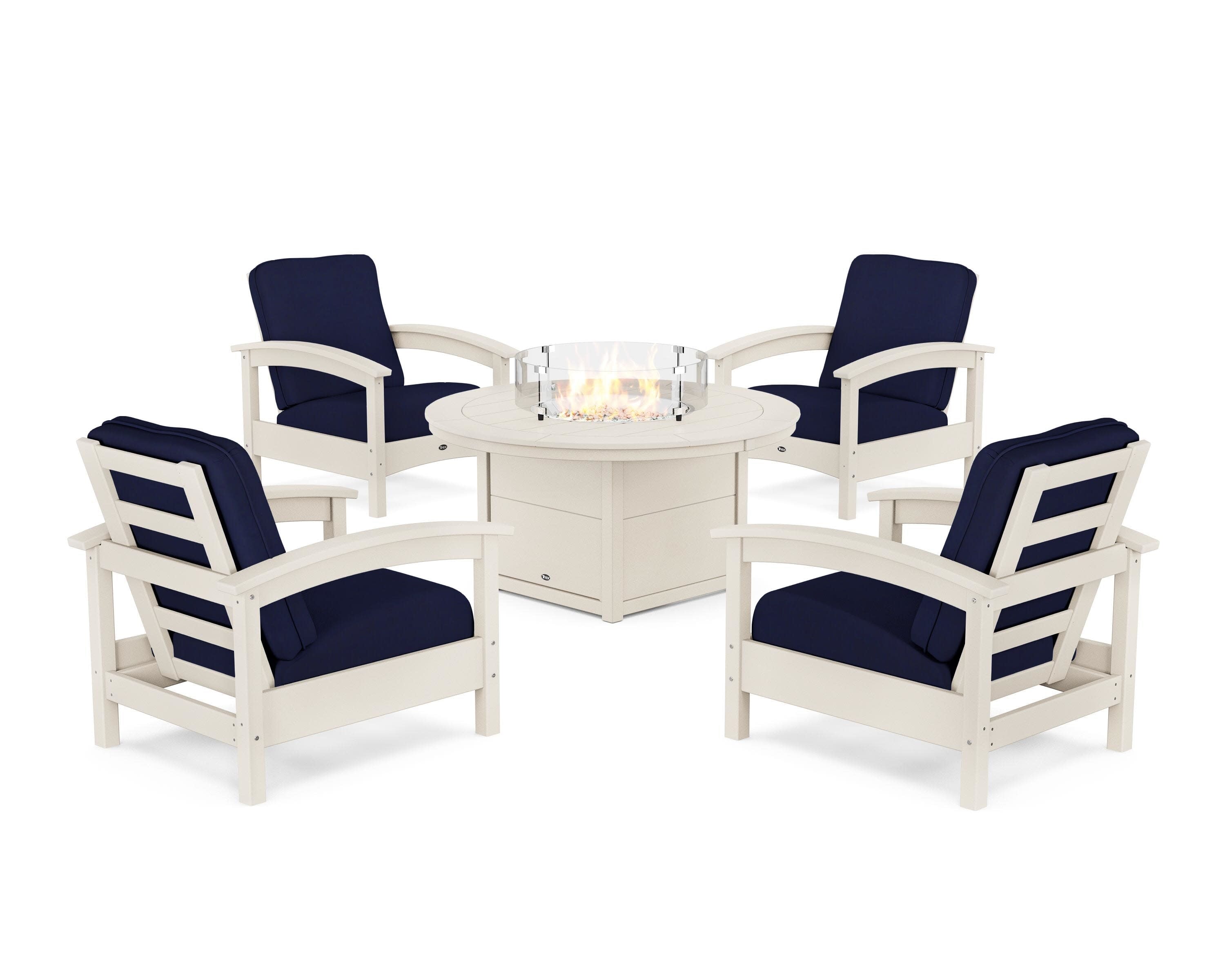 Rockport 5-Piece Deep Seating Set with Round Fire Pit Table in Sand Castle / Navy