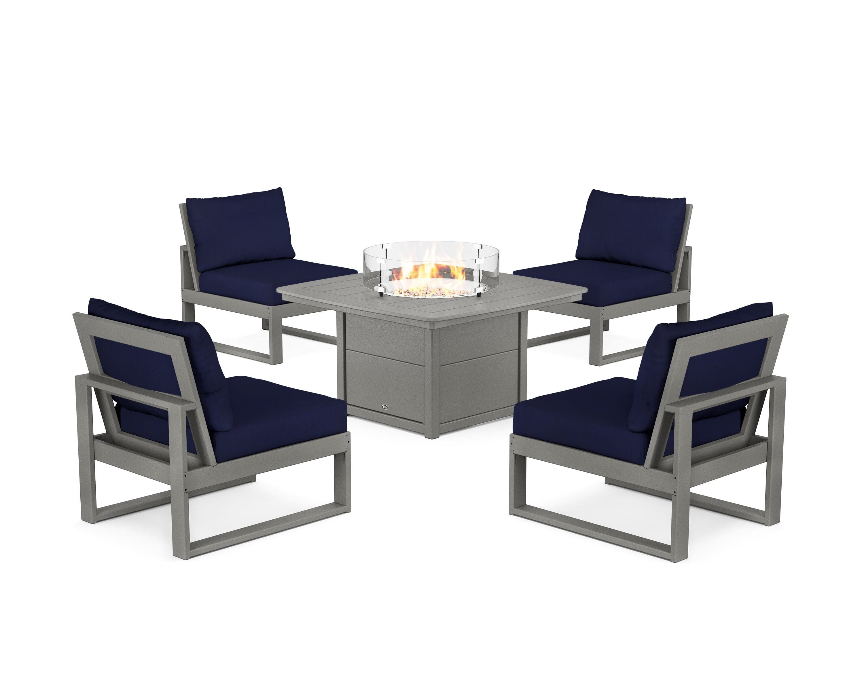 Eastport Modular 5-Piece Deep Seating Set with Yacht Club Fire Pit Table in Stepping Stone / Navy