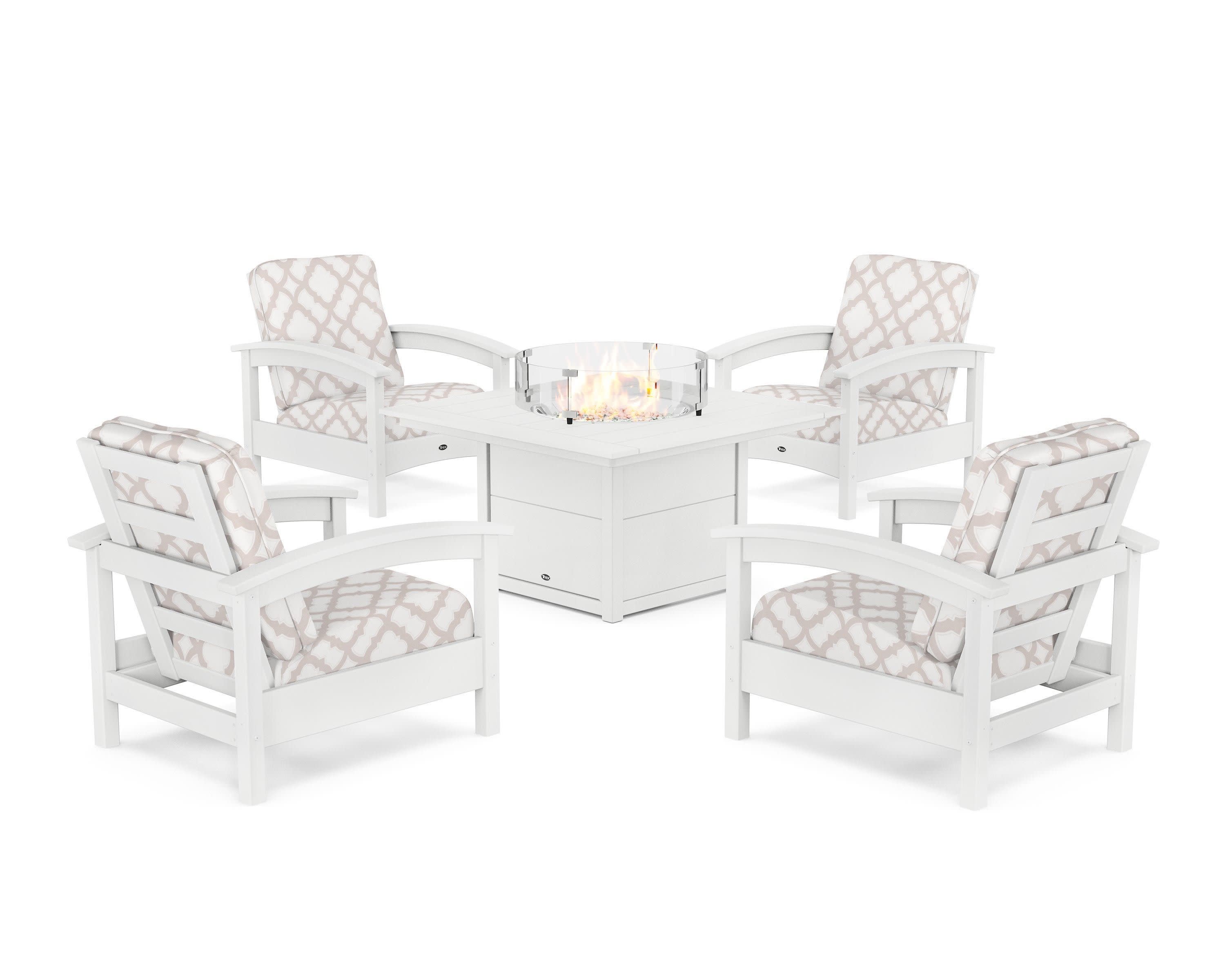 Rockport 5-Piece Deep Seating Set with Square Fire Pit Table in Classic White / Trellis Dune Burlap