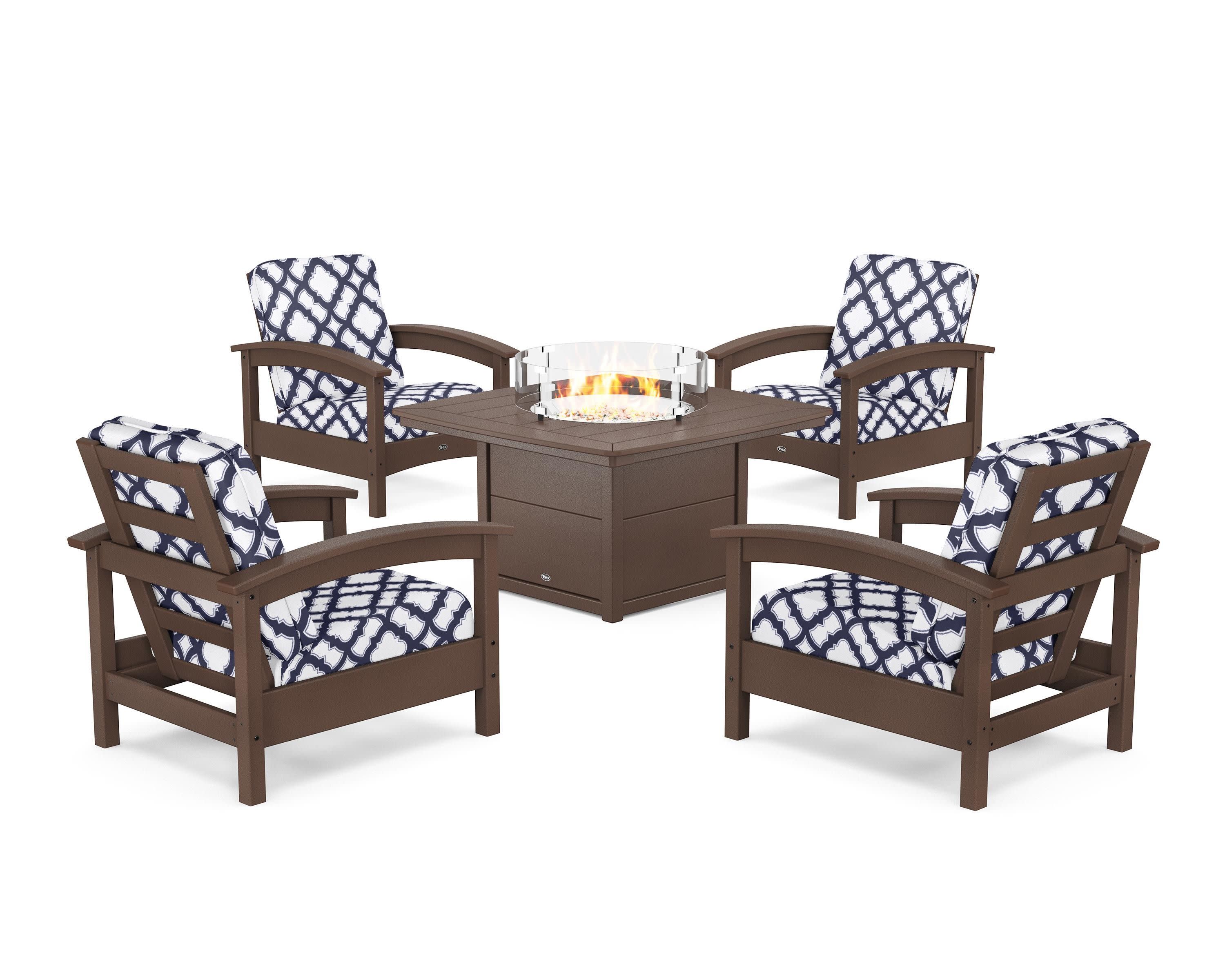 Rockport 5-Piece Deep Seating Set with Yacht Club Fire Pit Table in Vintage Lantern / Trellis Navy