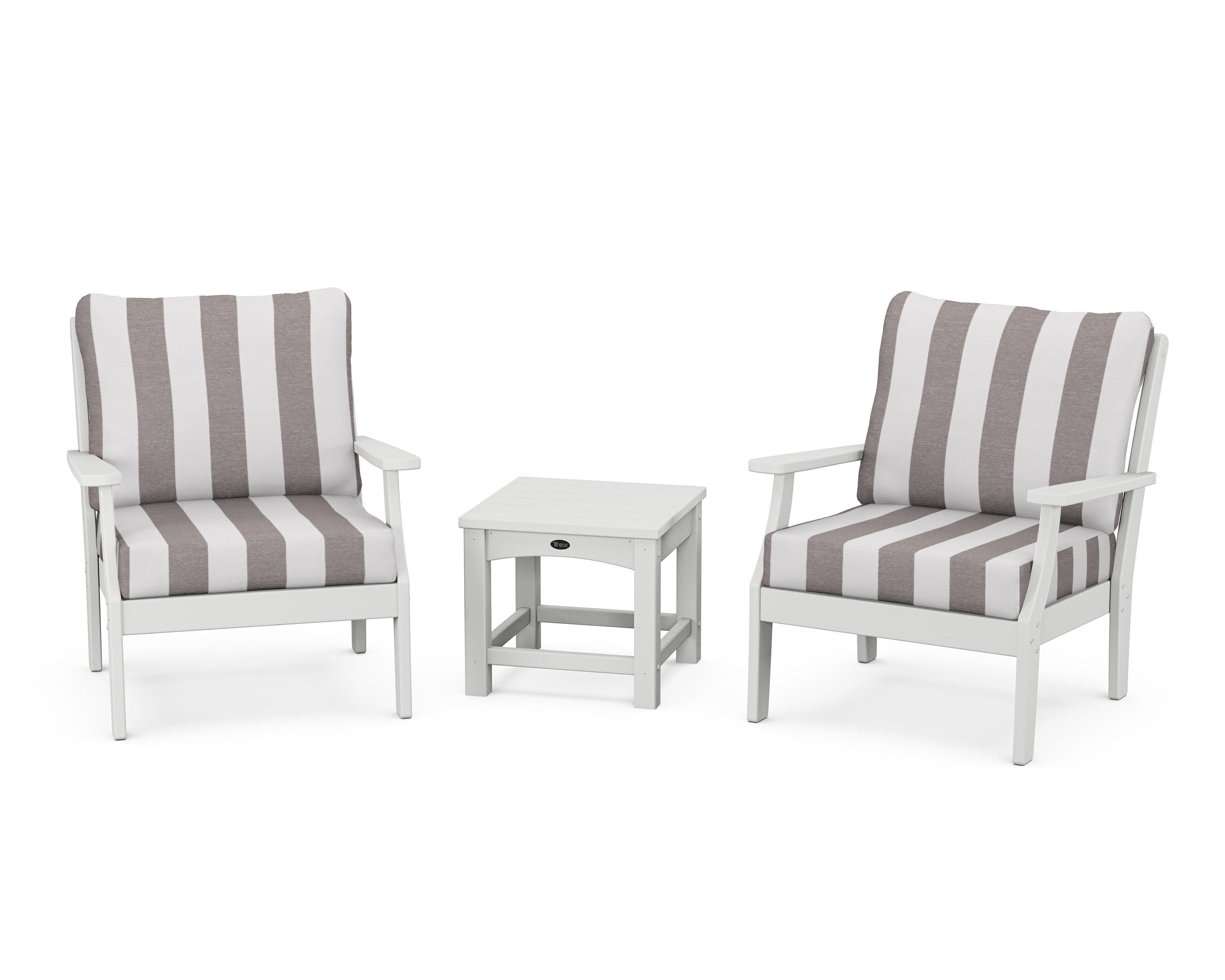 Yacht Club 3-Piece Deep Seating Set in Classic White / Cabana Stripe Grey Mist