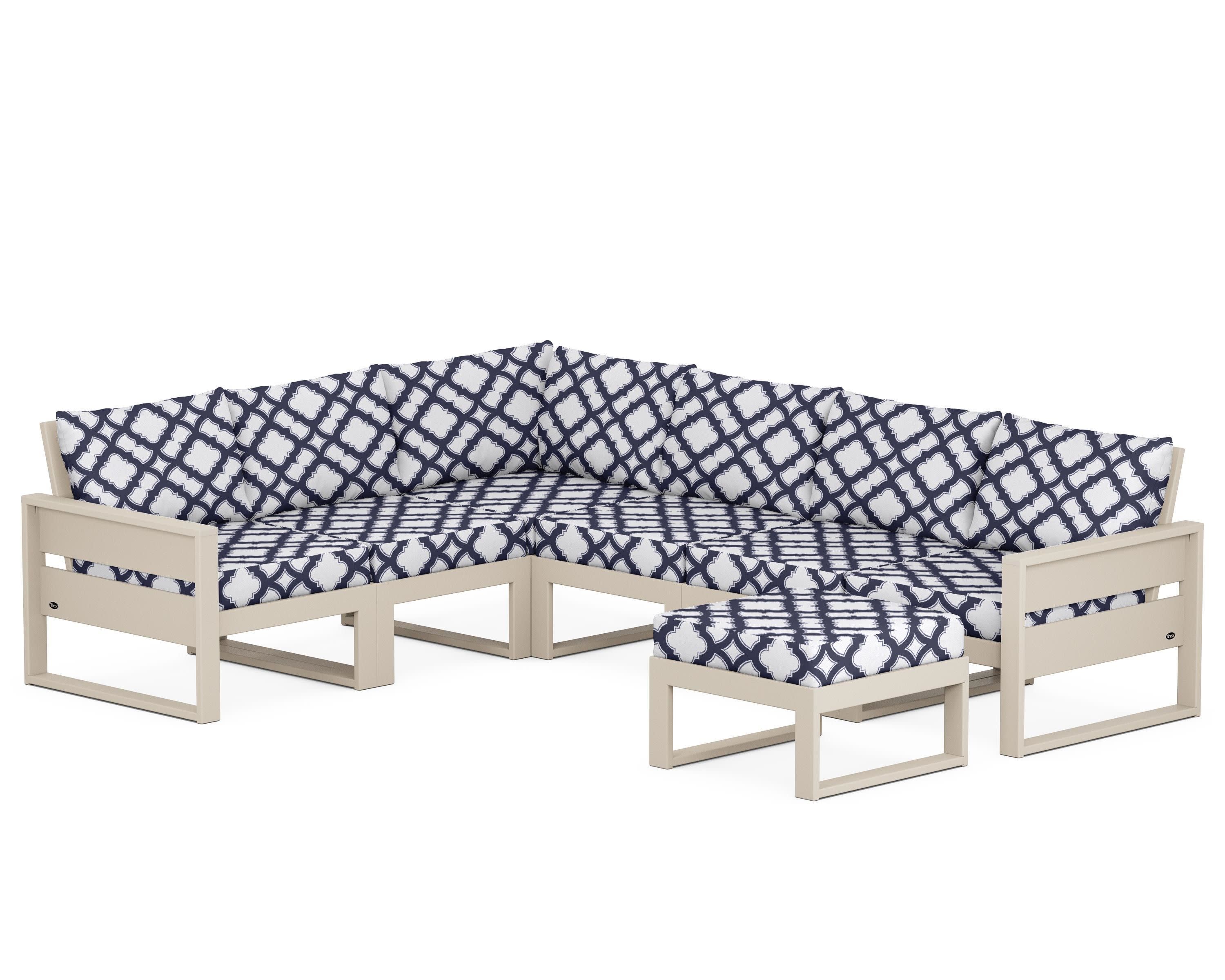Eastport 6-Piece Sectional with Ottoman in Sand Castle / Trellis Navy