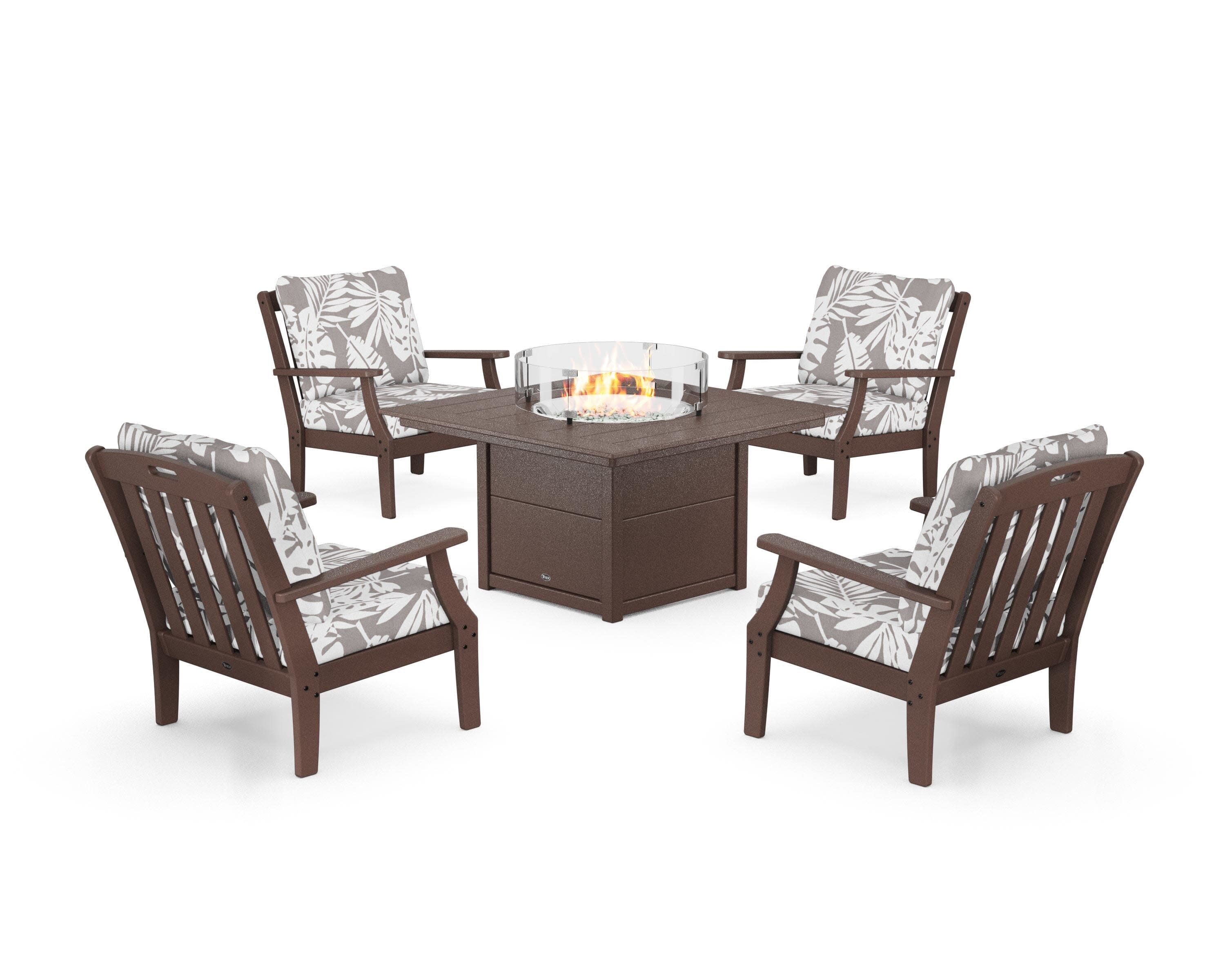 Yacht Club 5-Piece Deep Seating Set with Square Fire Pit Table in Vintage Lantern / Leaf Grey Mist