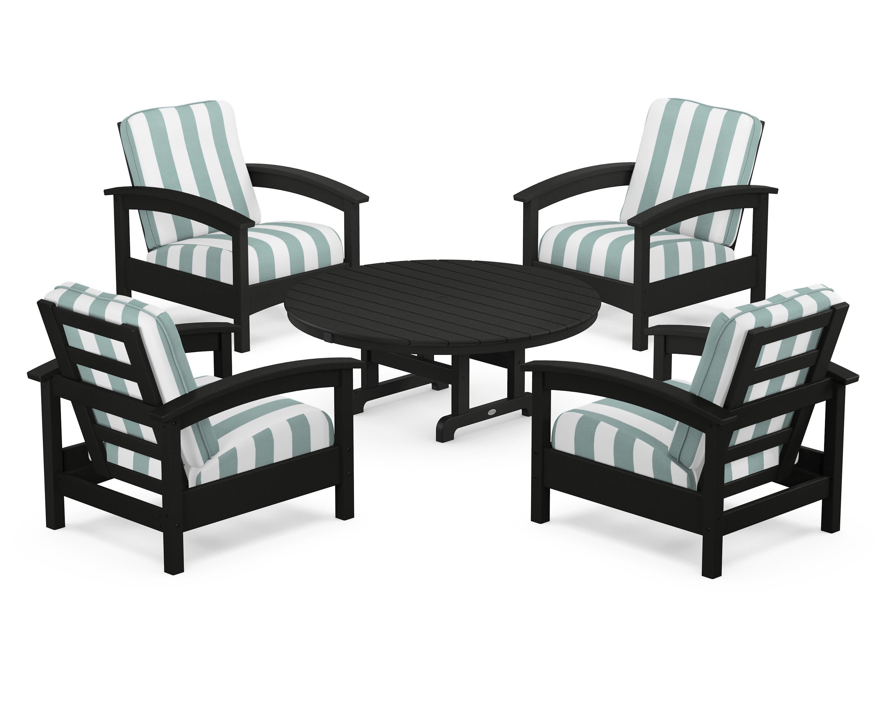 Rockport 5-Piece Deep Seating Set in Charcoal Black / Cabana Stripe Glacier Spa