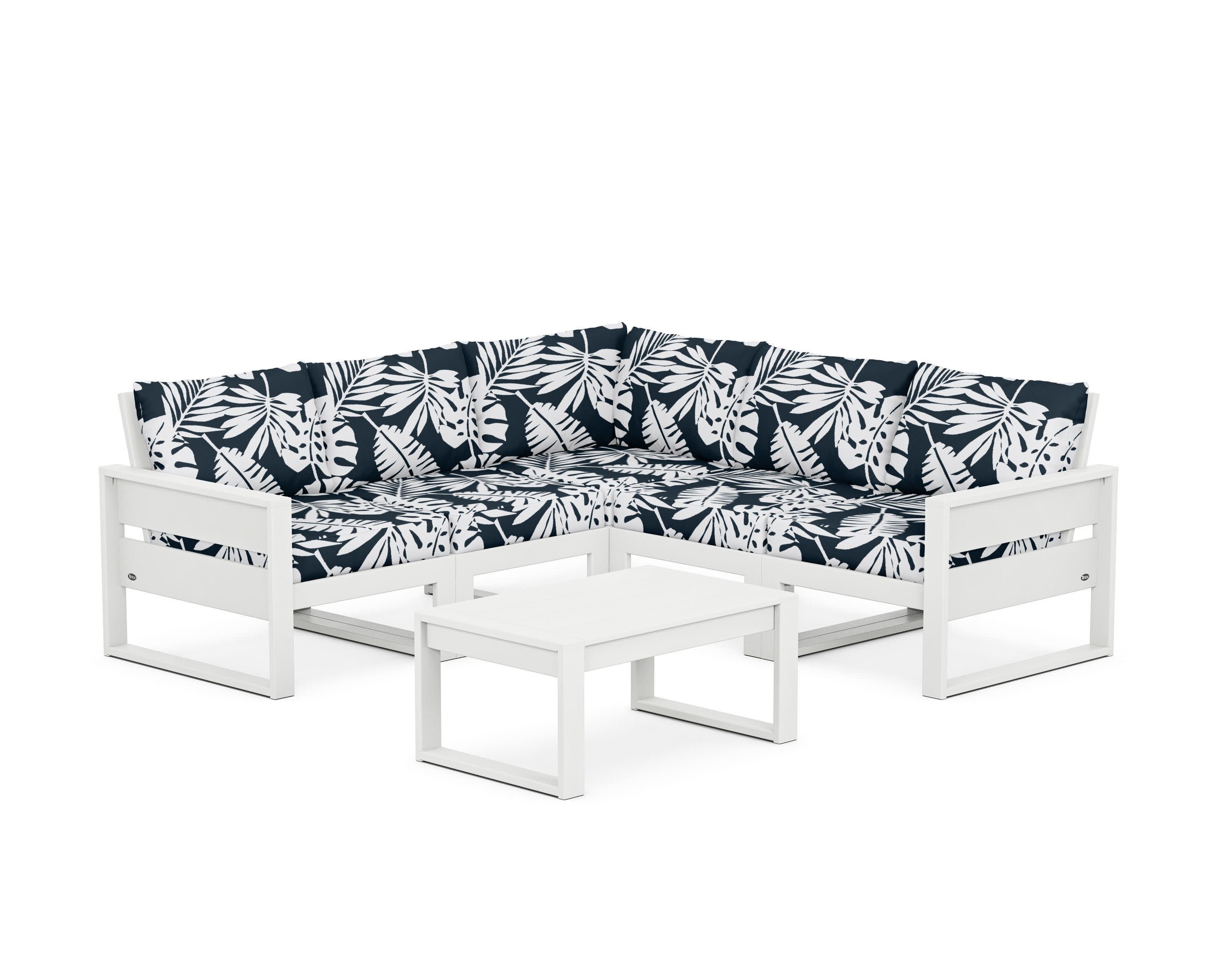 Eastport 6-Piece Deep Seating Sectional + Coffee Table Set in Classic White / Leaf Marine Indigo