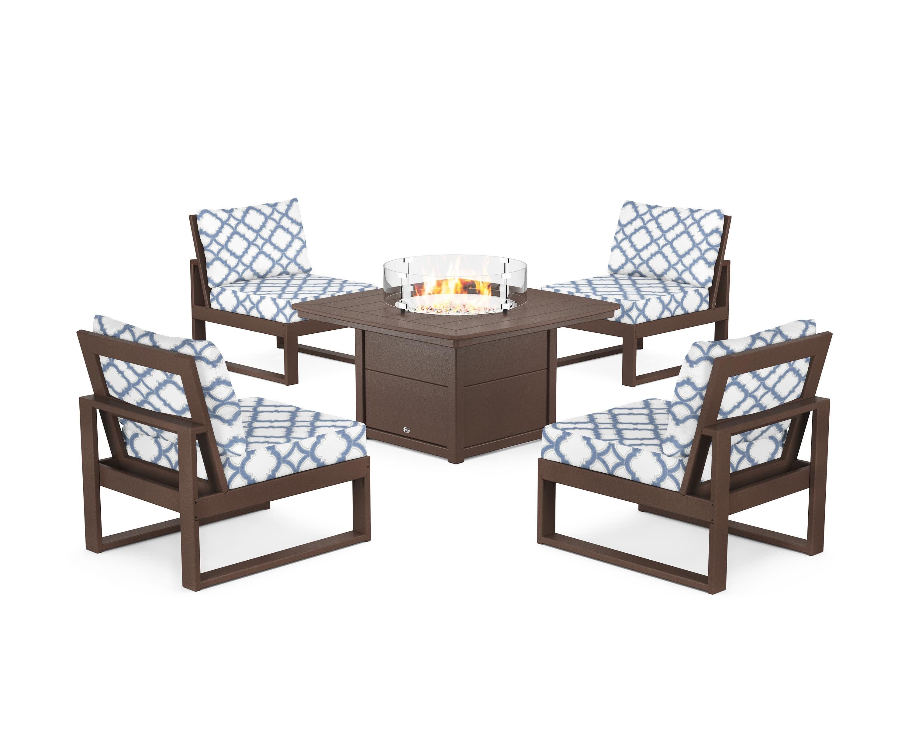 Eastport Modular 5-Piece Deep Seating Set with Yacht Club Fire Pit Table in Vintage Lantern / Trellis Sky Blue