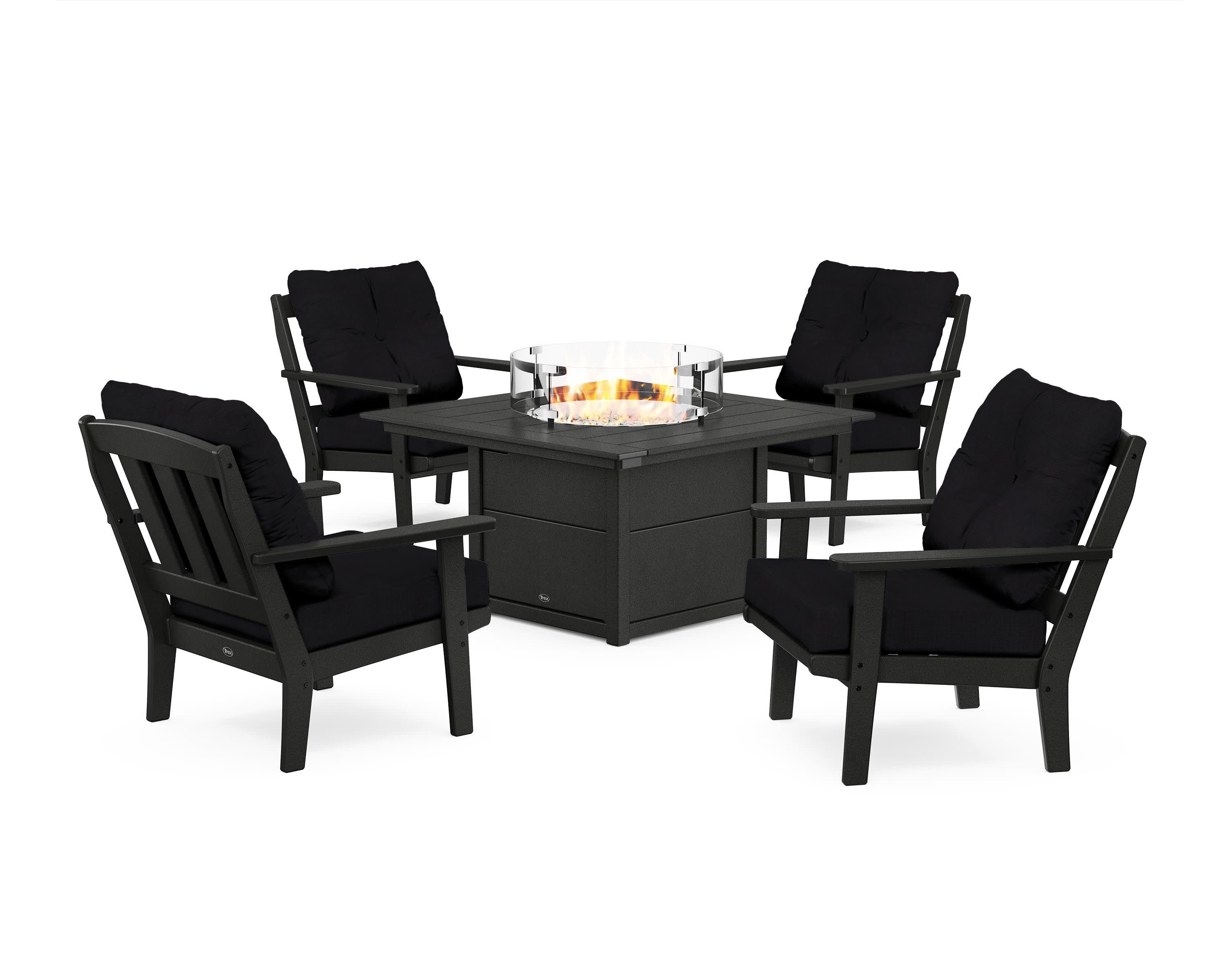 Cape Cod 5-Piece Deep Seating Set with Fire Pit Table in Charcoal Black / Midnight Linen