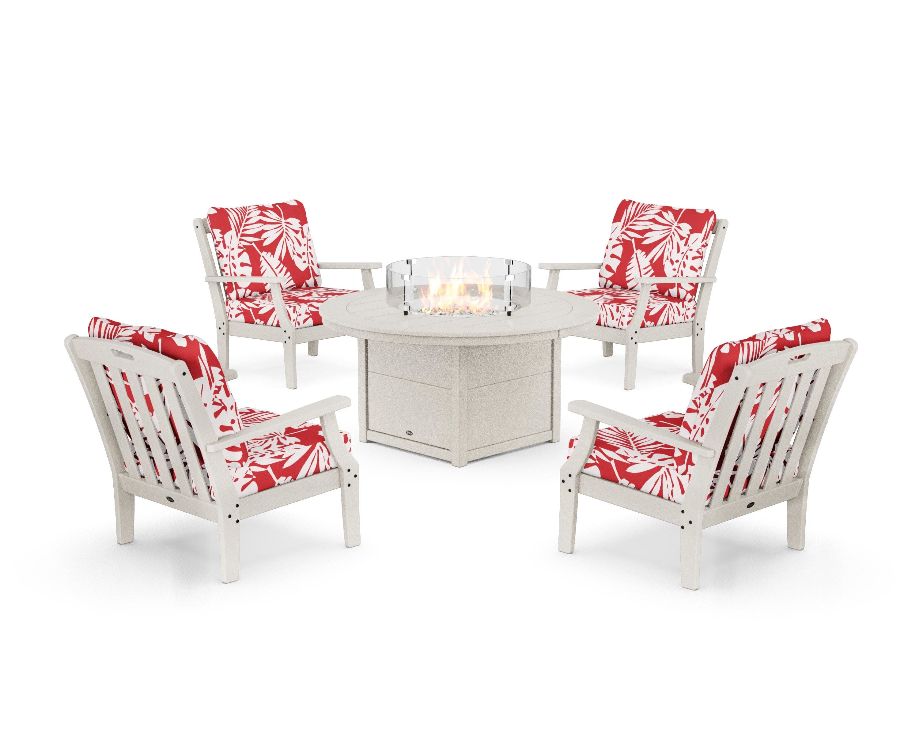 Yacht Club 5-Piece Deep Seating Set with Round Fire Pit Table in Sand Castle / Leaf Crimson