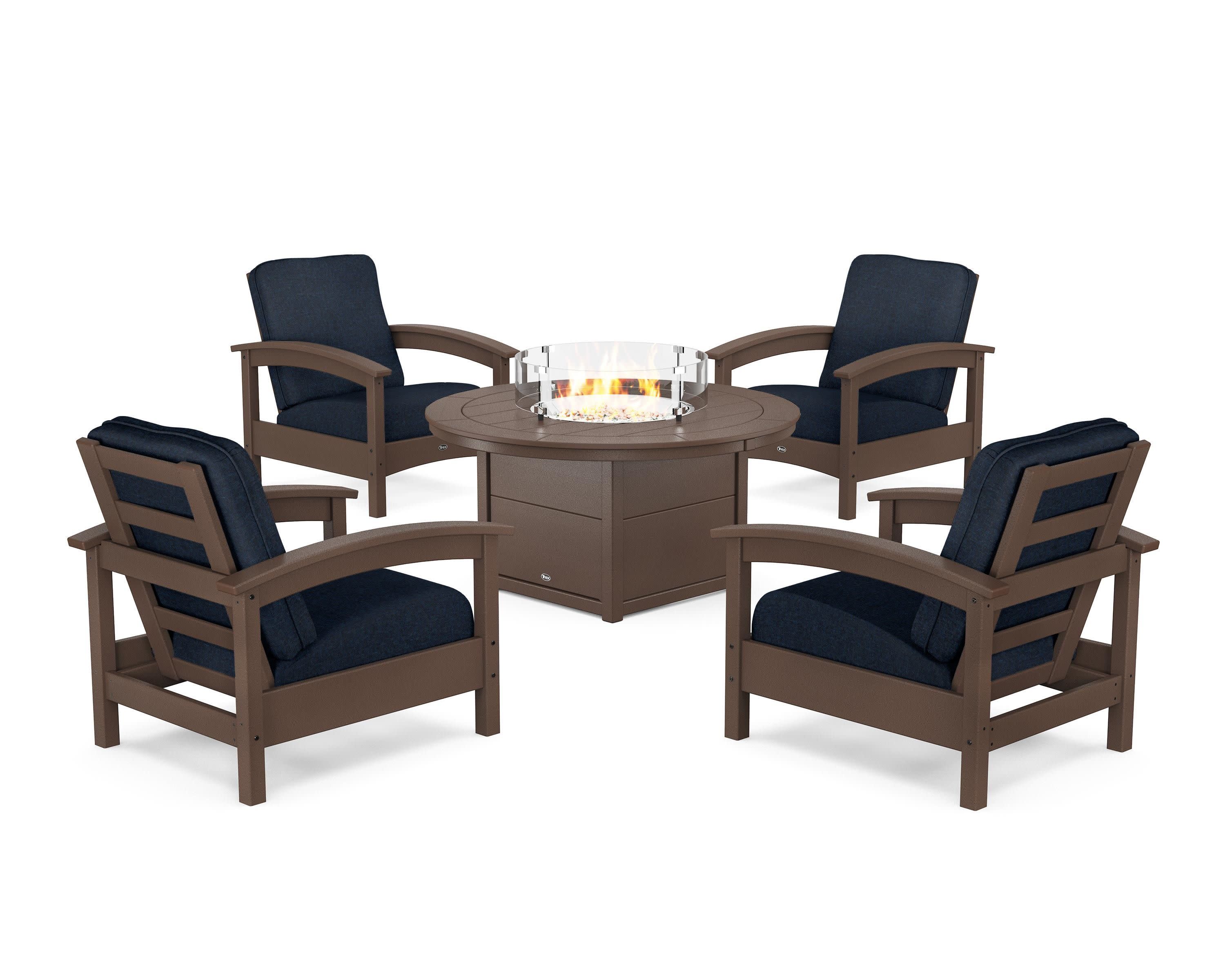 Rockport 5-Piece Deep Seating Set with Round Fire Pit Table in Vintage Lantern / Marine Indigo