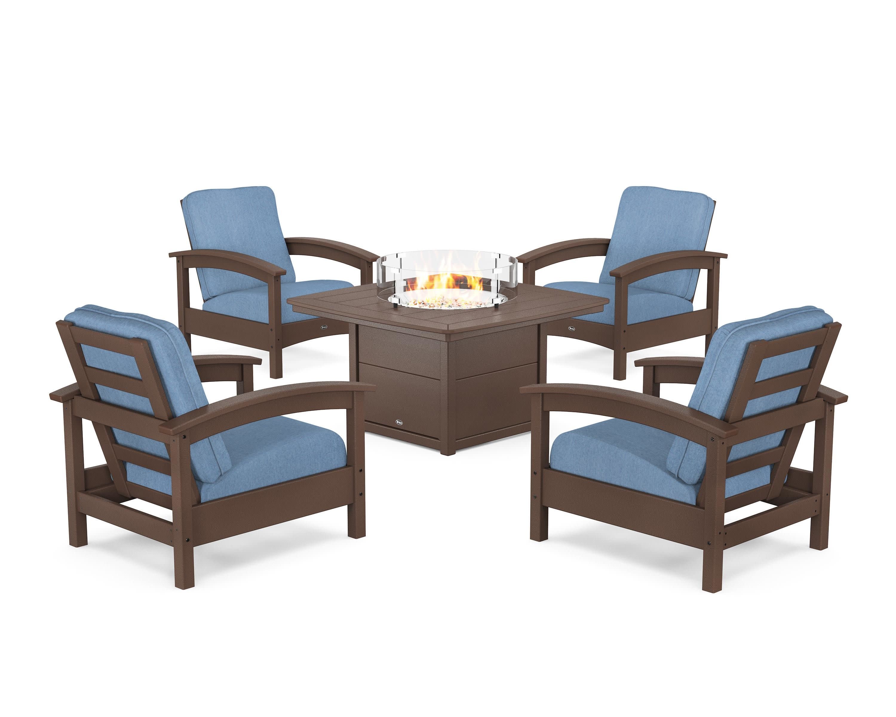 Rockport 5-Piece Deep Seating Set with Yacht Club Fire Pit Table in Vintage Lantern / Sky Blue
