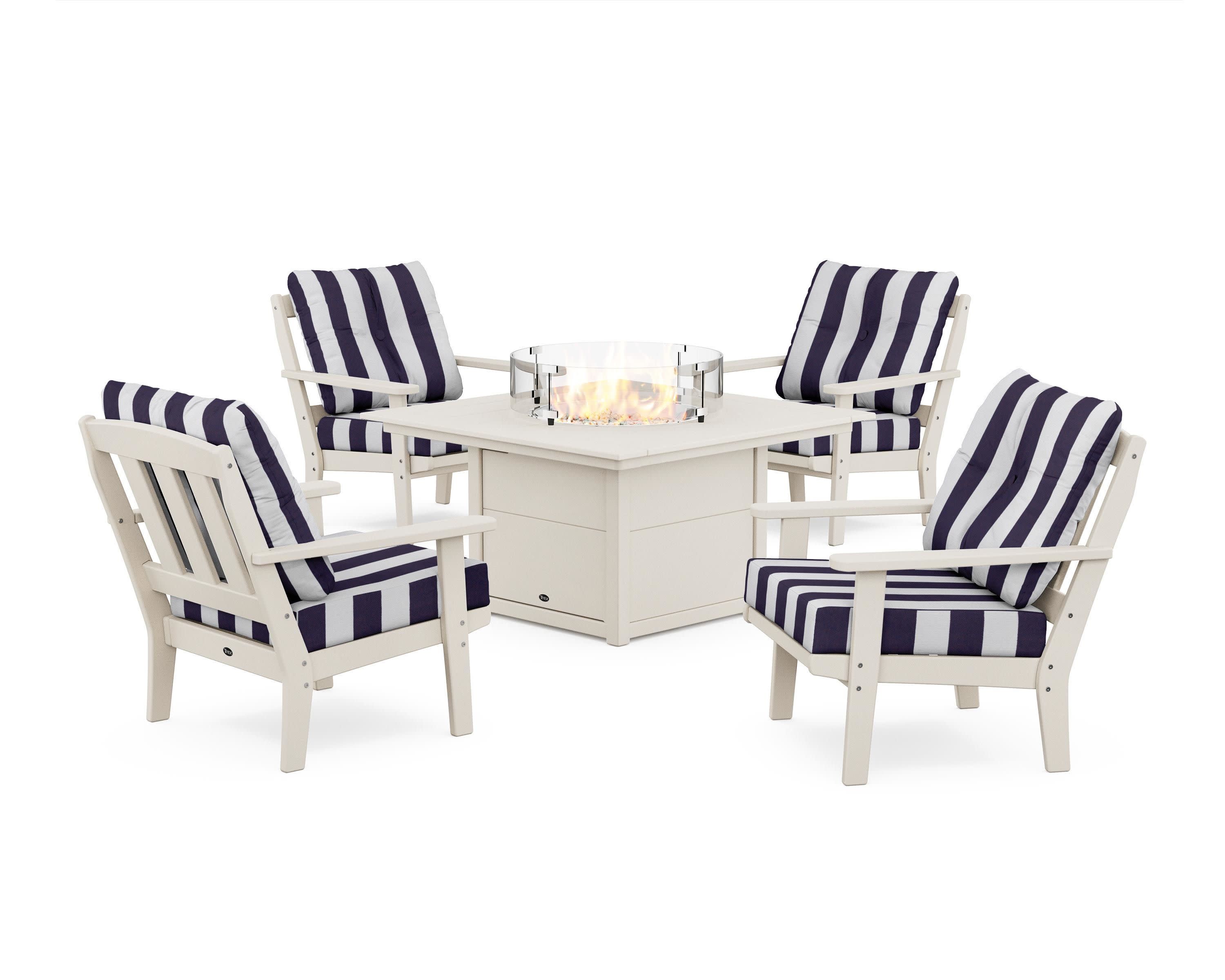 Cape Cod 5-Piece Deep Seating Set with Fire Pit Table in Sand Castle / Cabana Stripe Navy