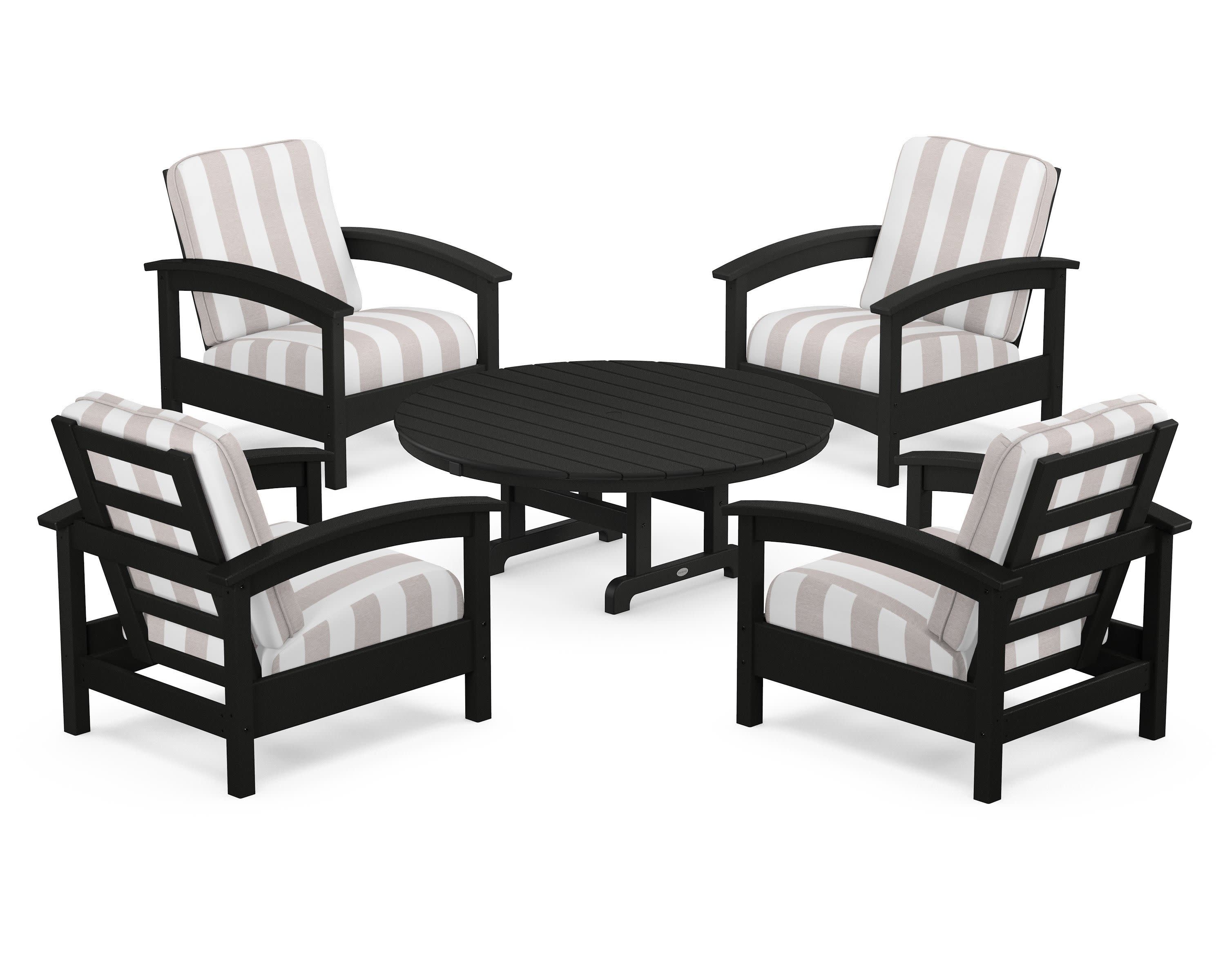 Rockport 5-Piece Deep Seating Set in Charcoal Black / Cabana Stripe Dune Burlap