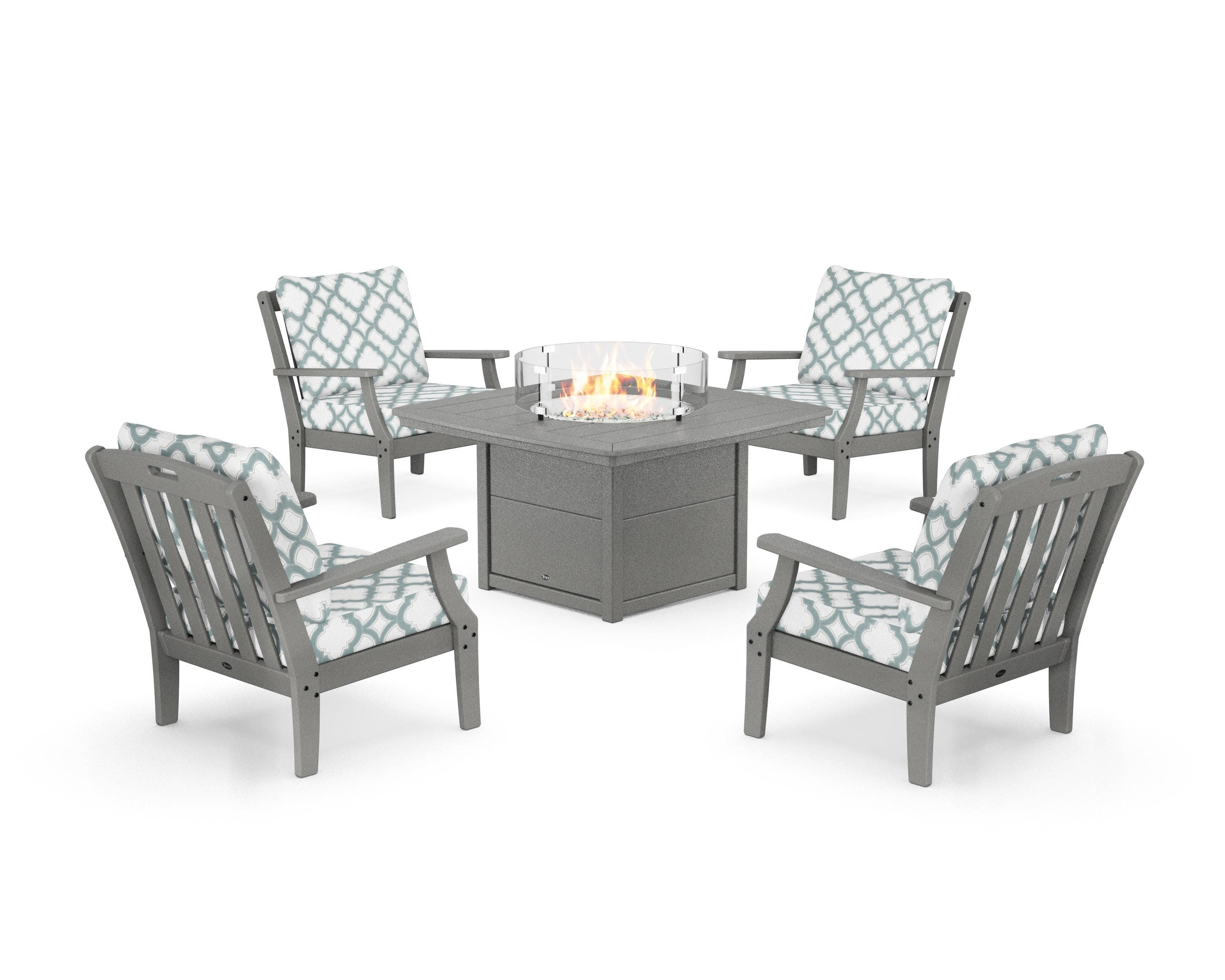 Yacht Club 5-Piece Deep Seating Set with Fire Pit Table in Stepping Stone / Trellis Glacier Spa