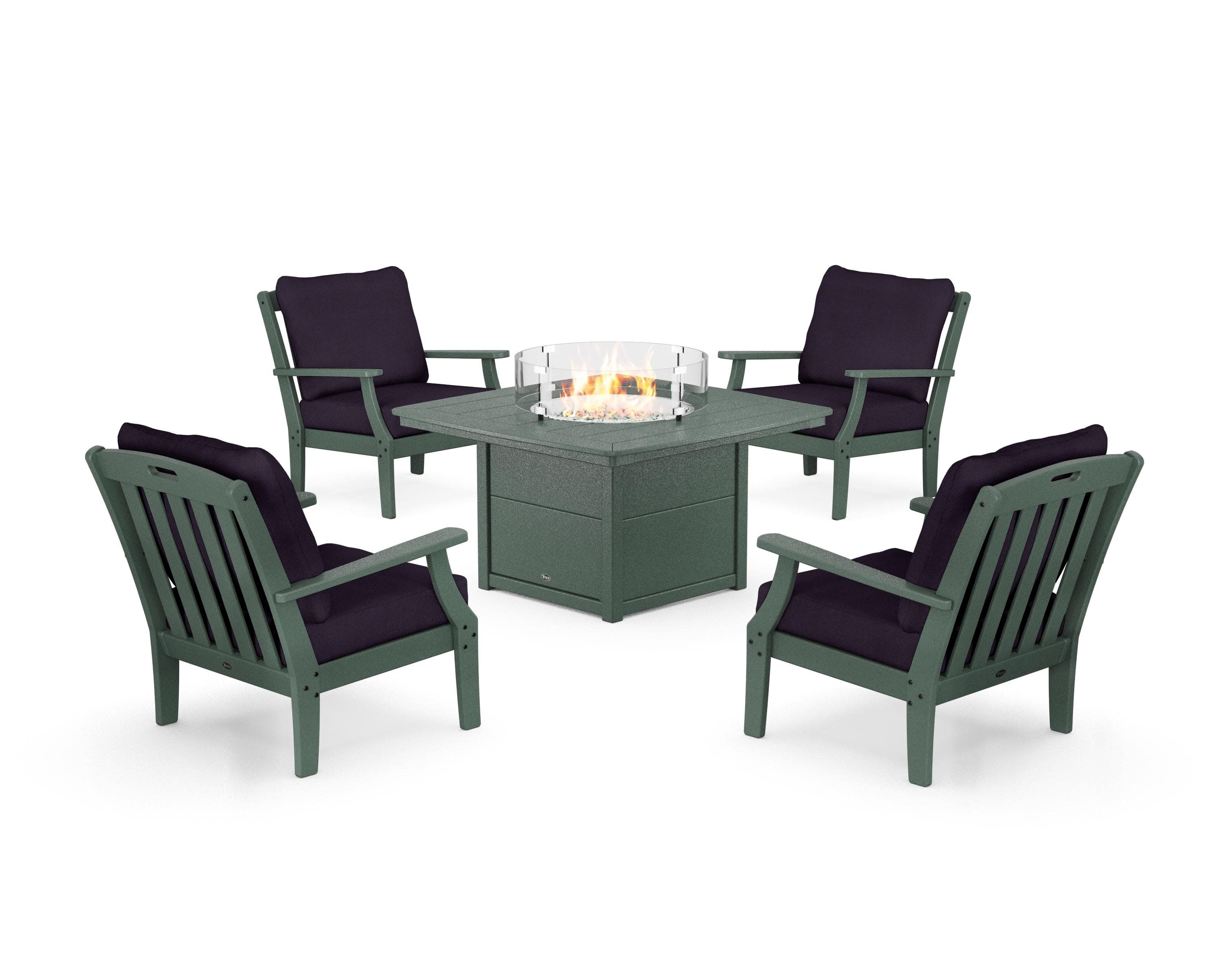 Yacht Club 5-Piece Deep Seating Set with Fire Pit Table in Rainforest Canopy / Navy Linen