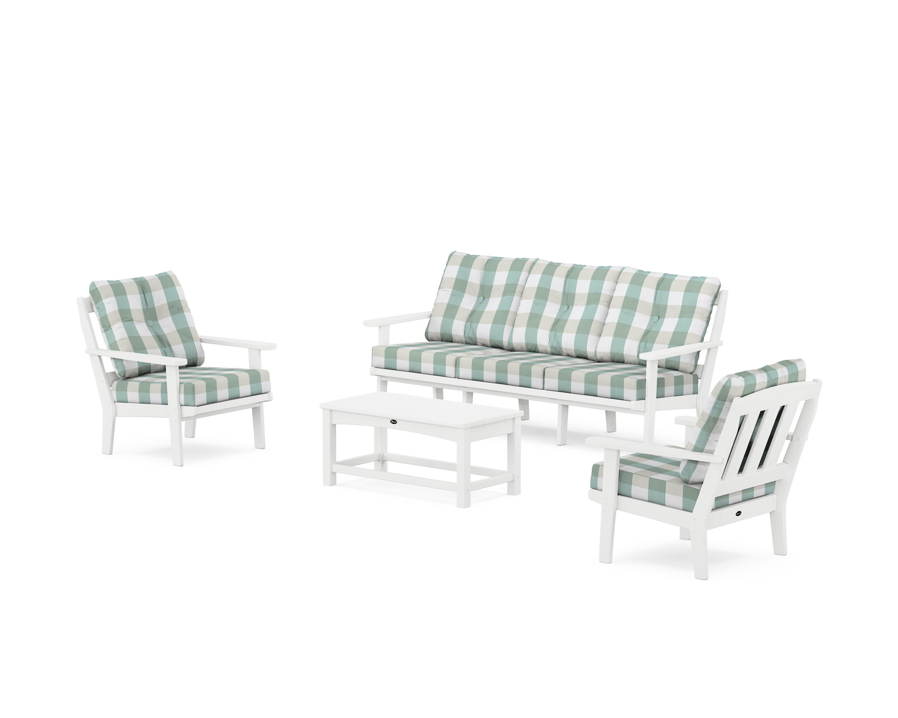 Cape Cod 4-Piece Deep Seating Set with Sofa in Classic White / Buffalo Plaid Glacier Spa