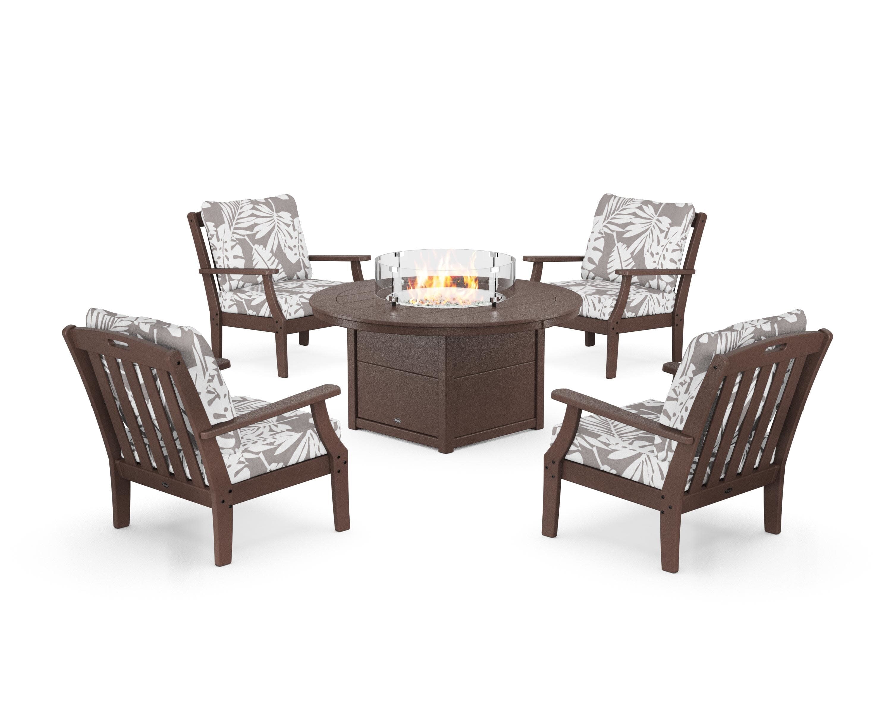 Yacht Club 5-Piece Deep Seating Set with Round Fire Pit Table in Vintage Lantern / Leaf Grey Mist