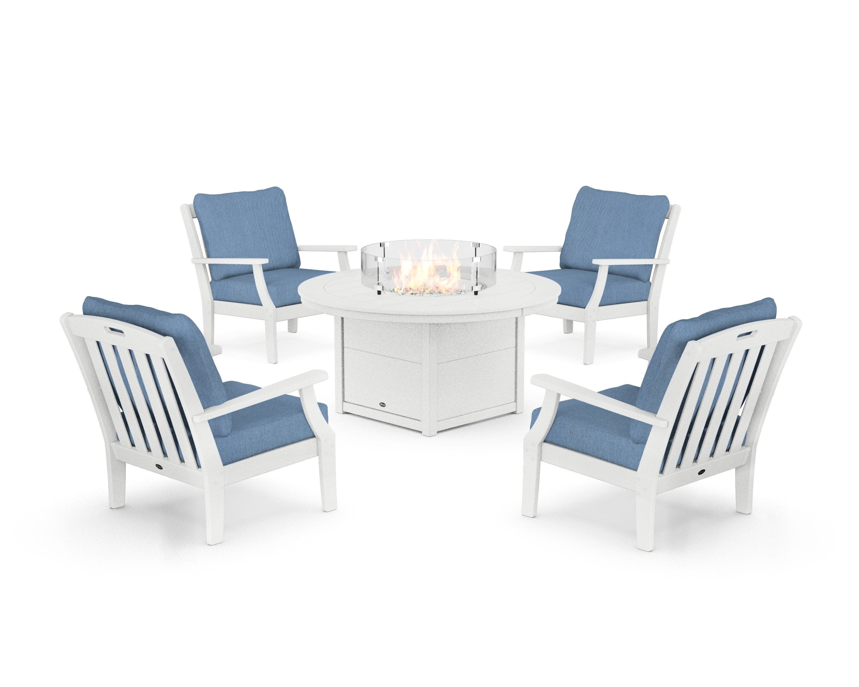Yacht Club 5-Piece Deep Seating Set with Round Fire Pit Table in Classic White / Sky Blue