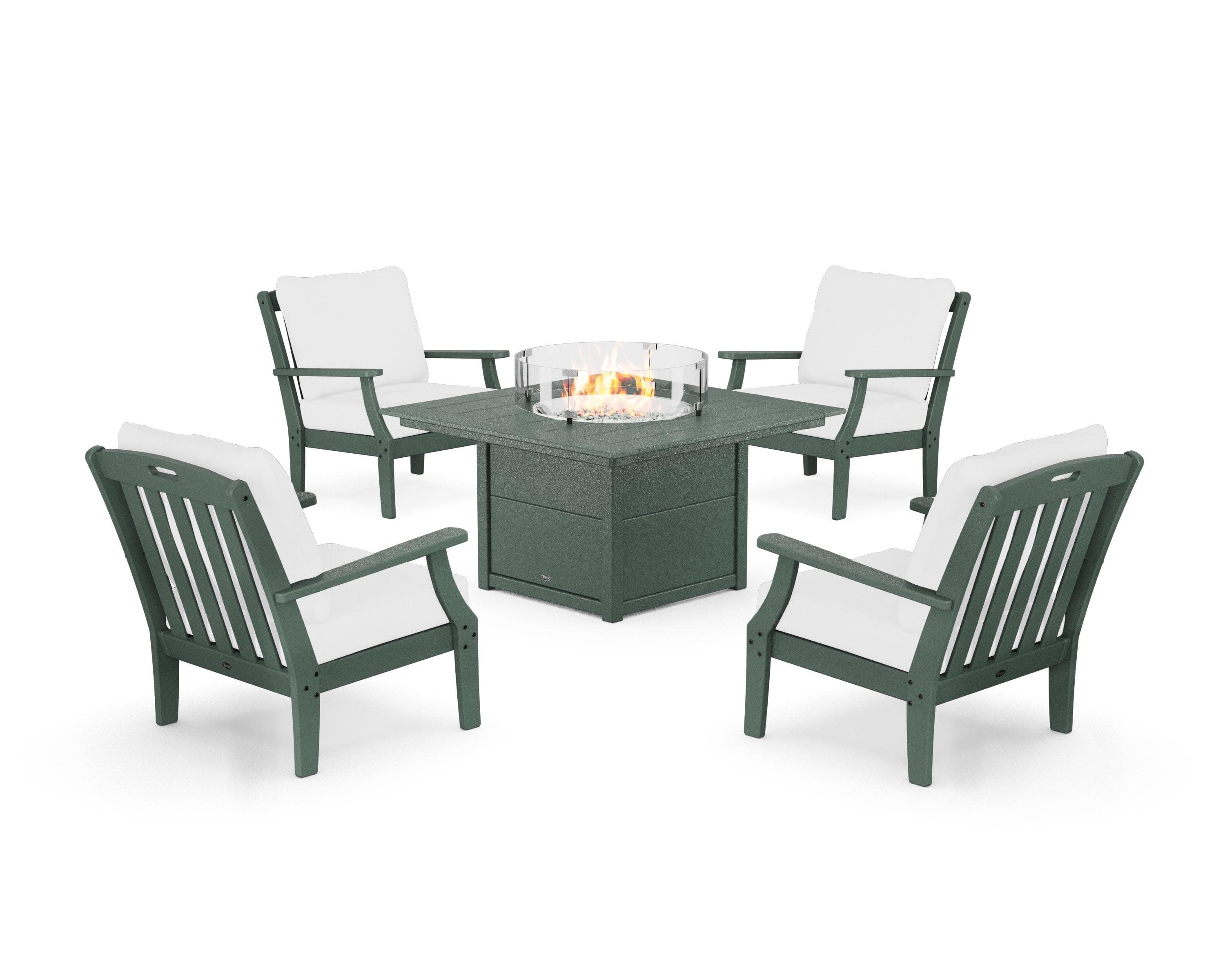 Yacht Club 5-Piece Deep Seating Set with Square Fire Pit Table in Rainforest Canopy / Natural