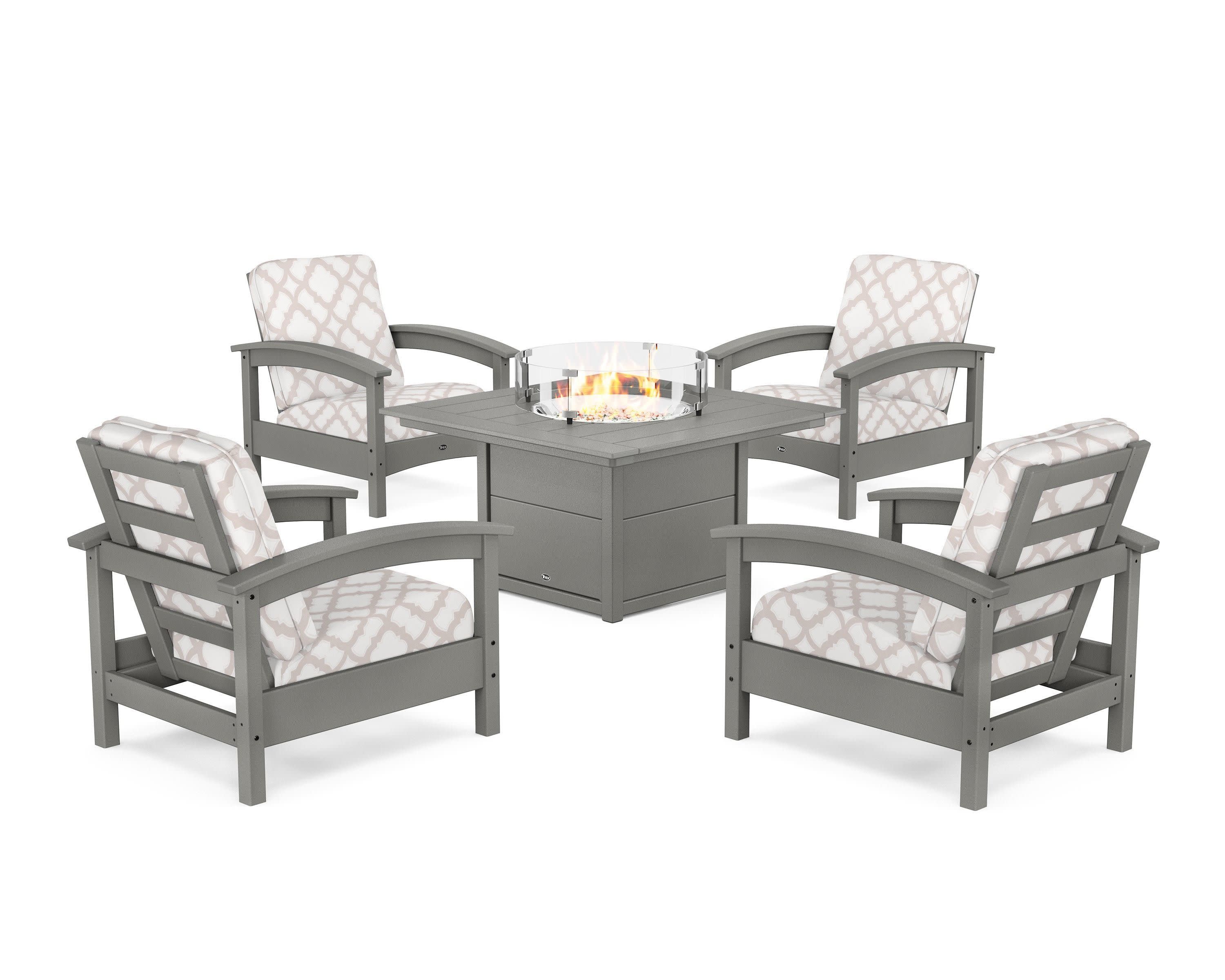 Rockport 5-Piece Deep Seating Set with Square Fire Pit Table in Stepping Stone / Trellis Dune Burlap