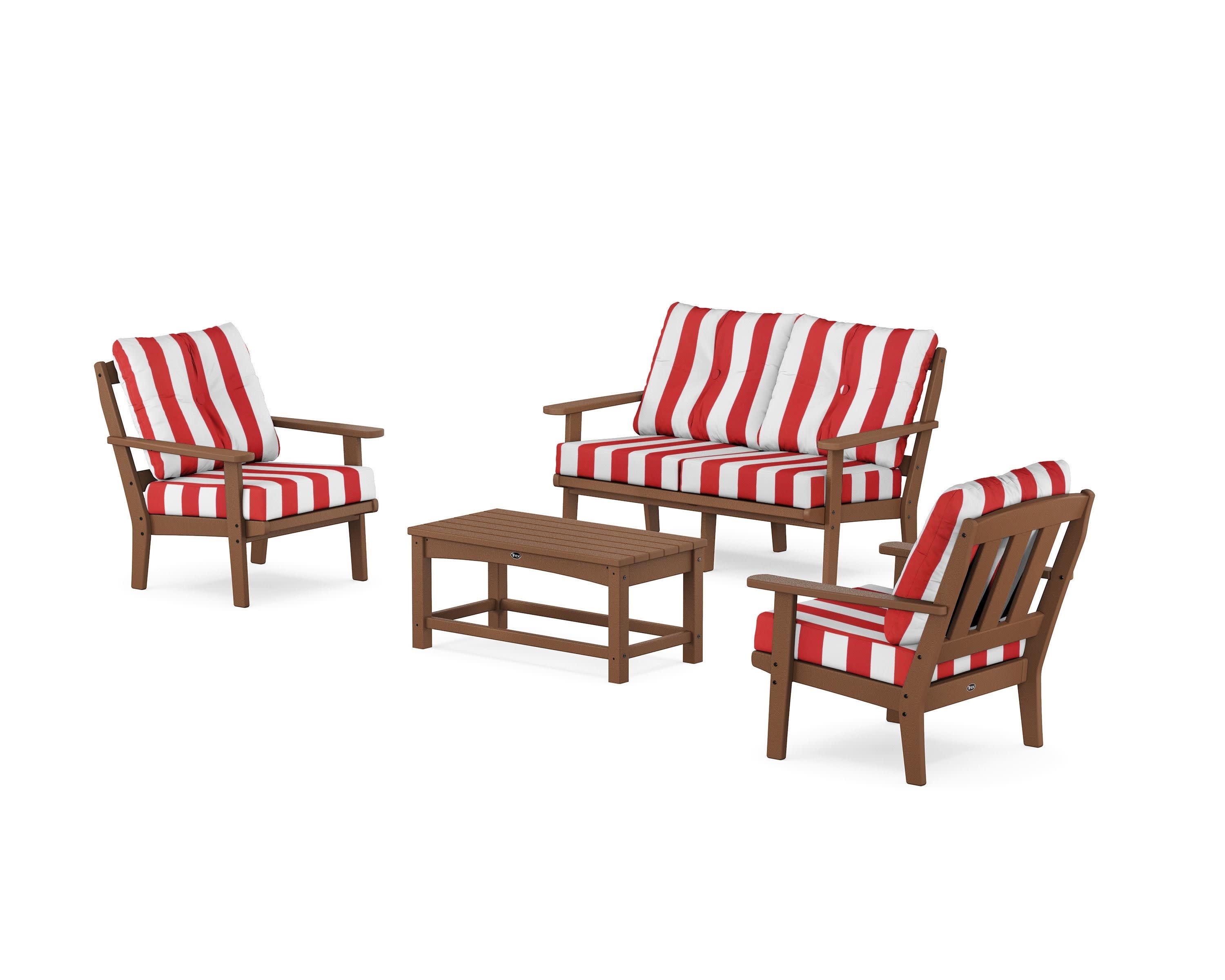 Cape Cod 4-Piece Deep Seating Set with Loveseat in Tree House / Cabana Stripe Crimson