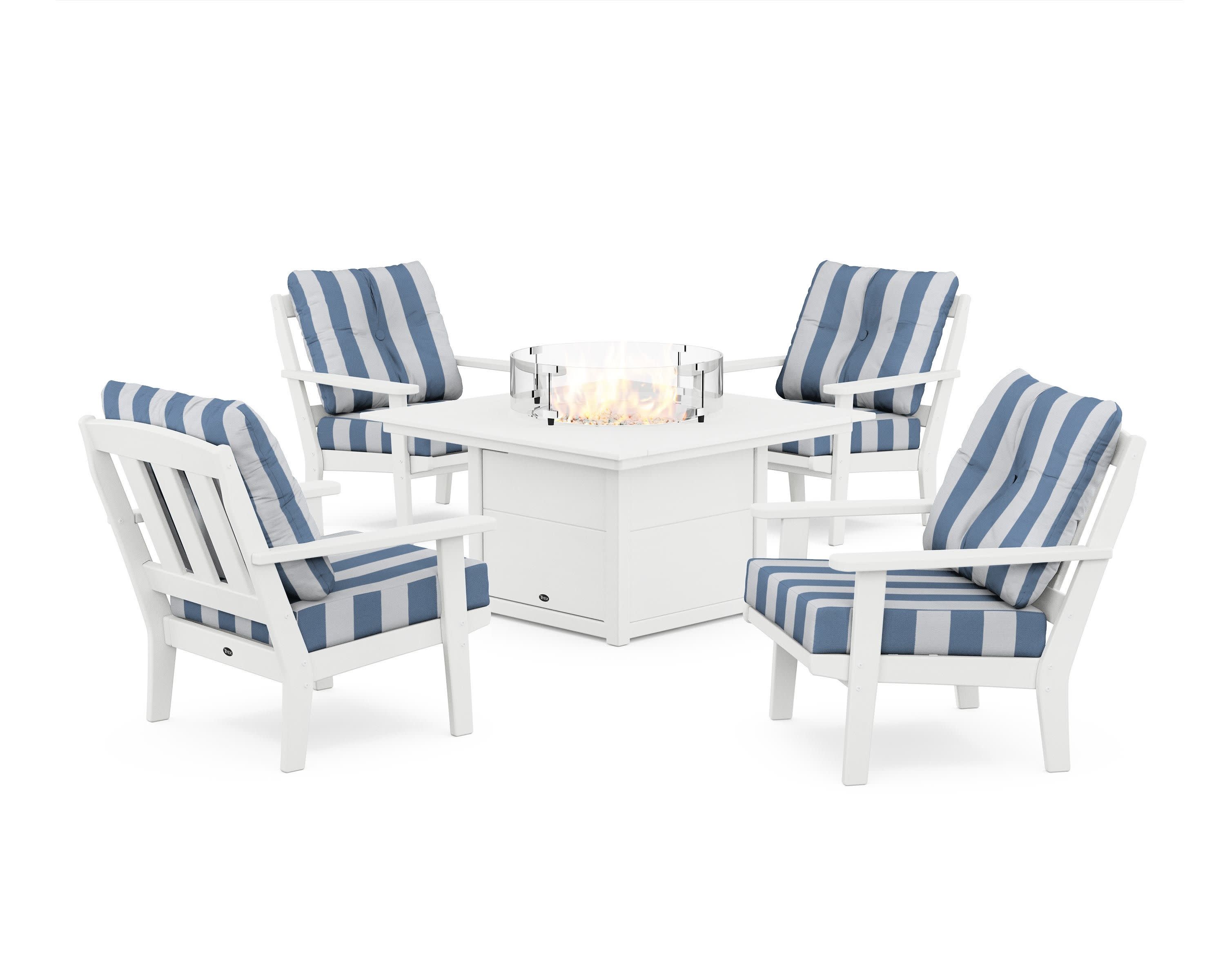 Cape Cod 5-Piece Deep Seating Set with Fire Pit Table in Classic White / Cabana Stripe Sky Blue