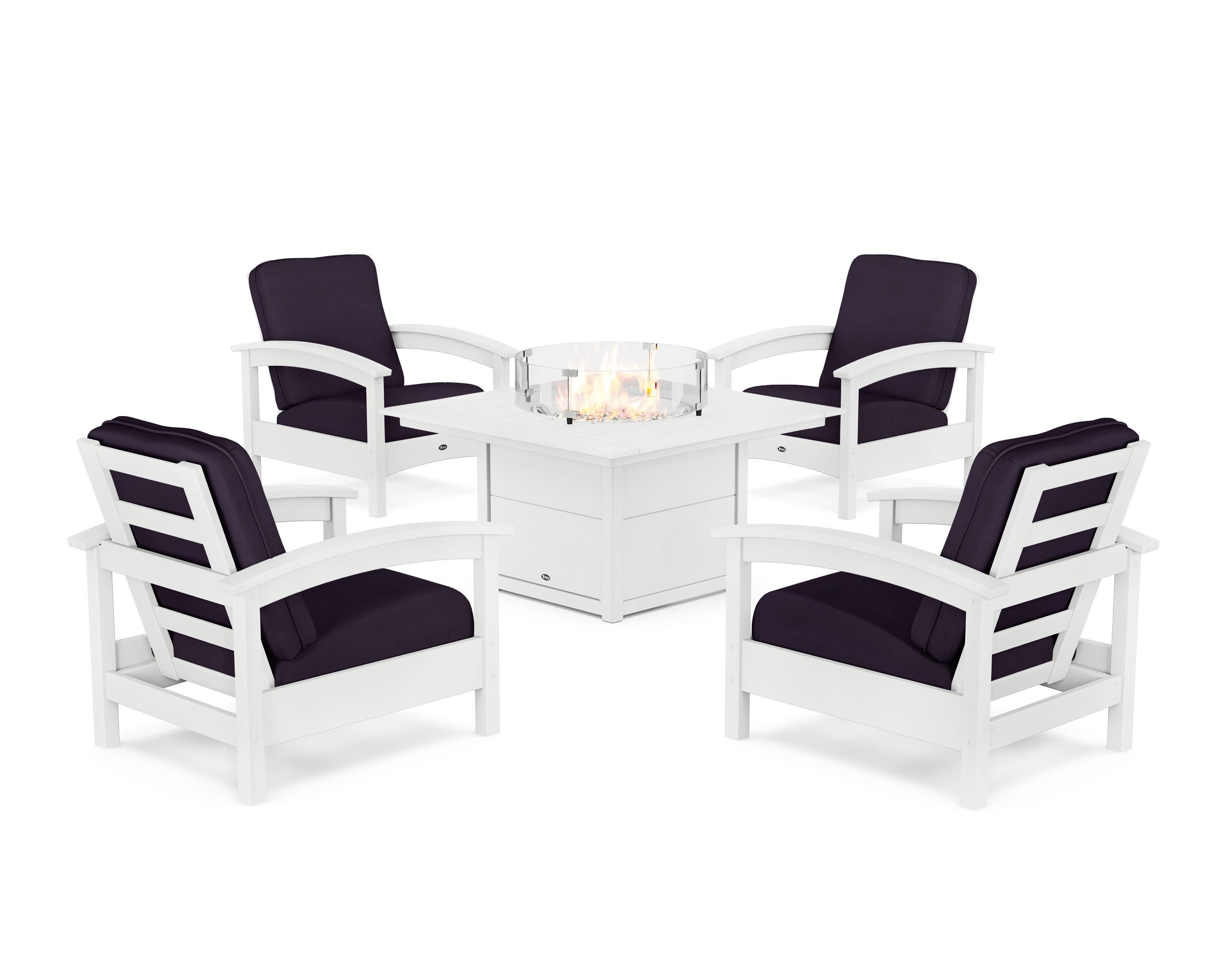 Rockport 5-Piece Deep Seating Set with Square Fire Pit Table in Classic White / Navy Linen