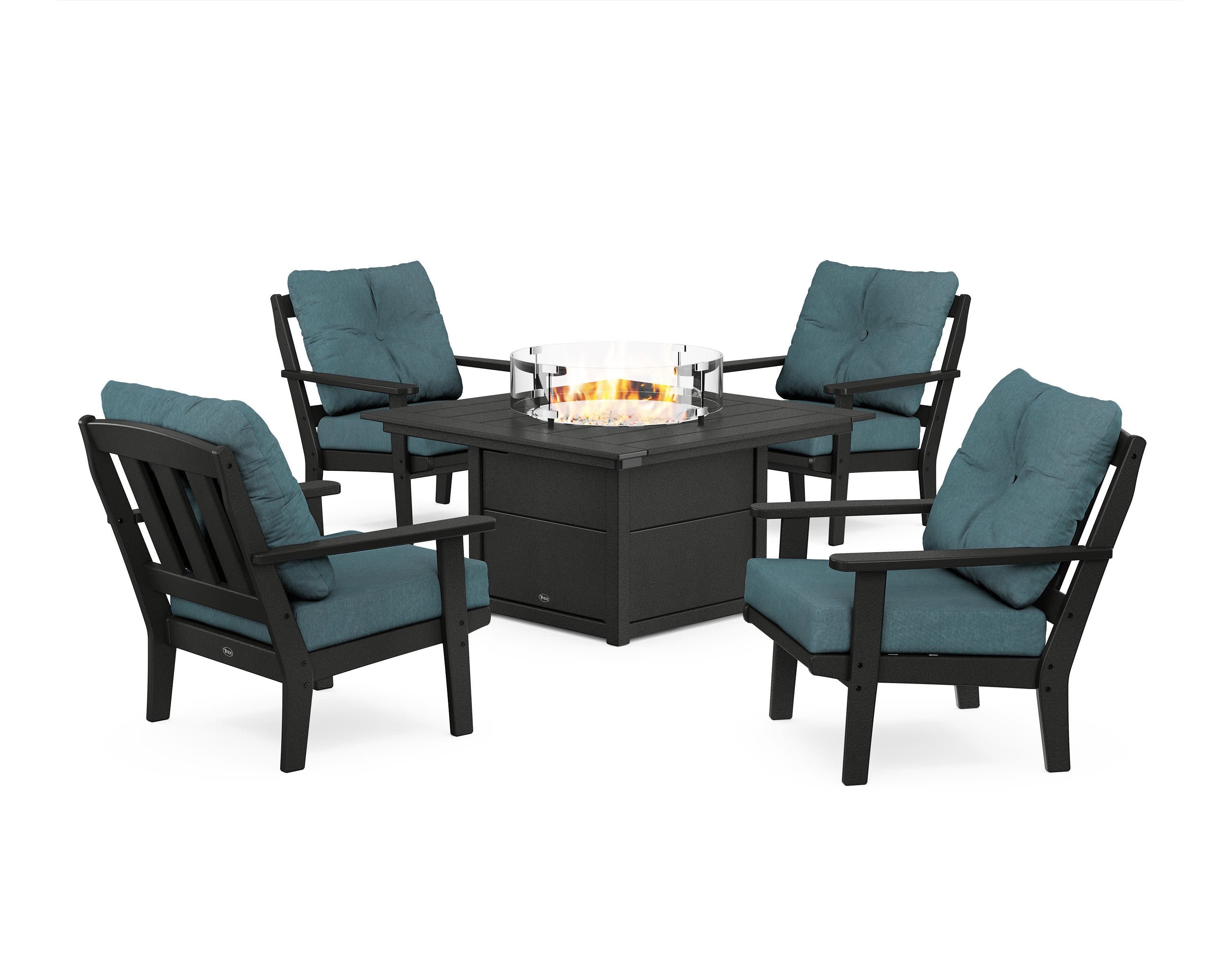 Cape Cod 5-Piece Deep Seating Set with Fire Pit Table in Charcoal Black / Ocean Teal