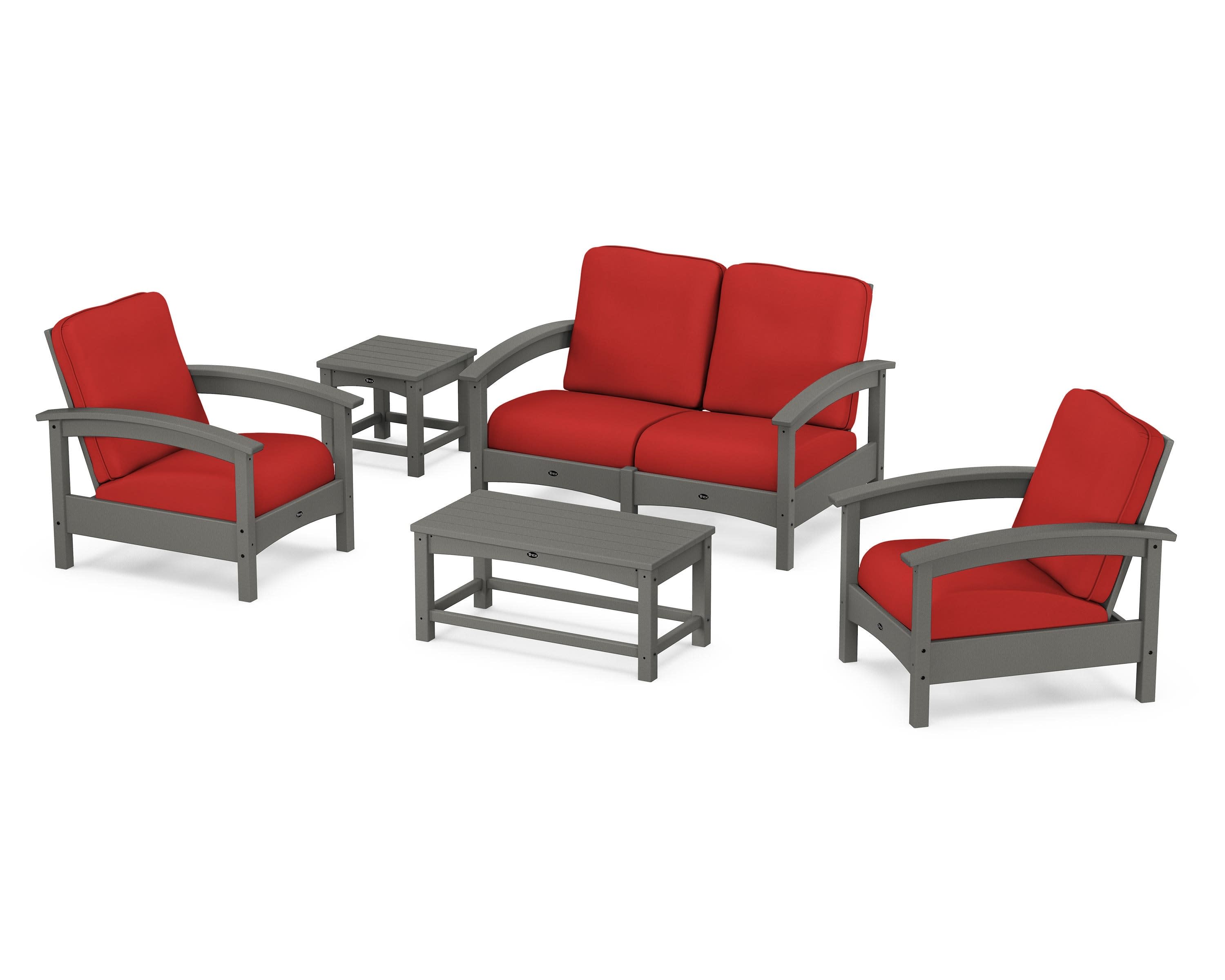 Rockport Club 6-Piece Deep Seating Conversation Set in Stepping Stone / Crimson Linen