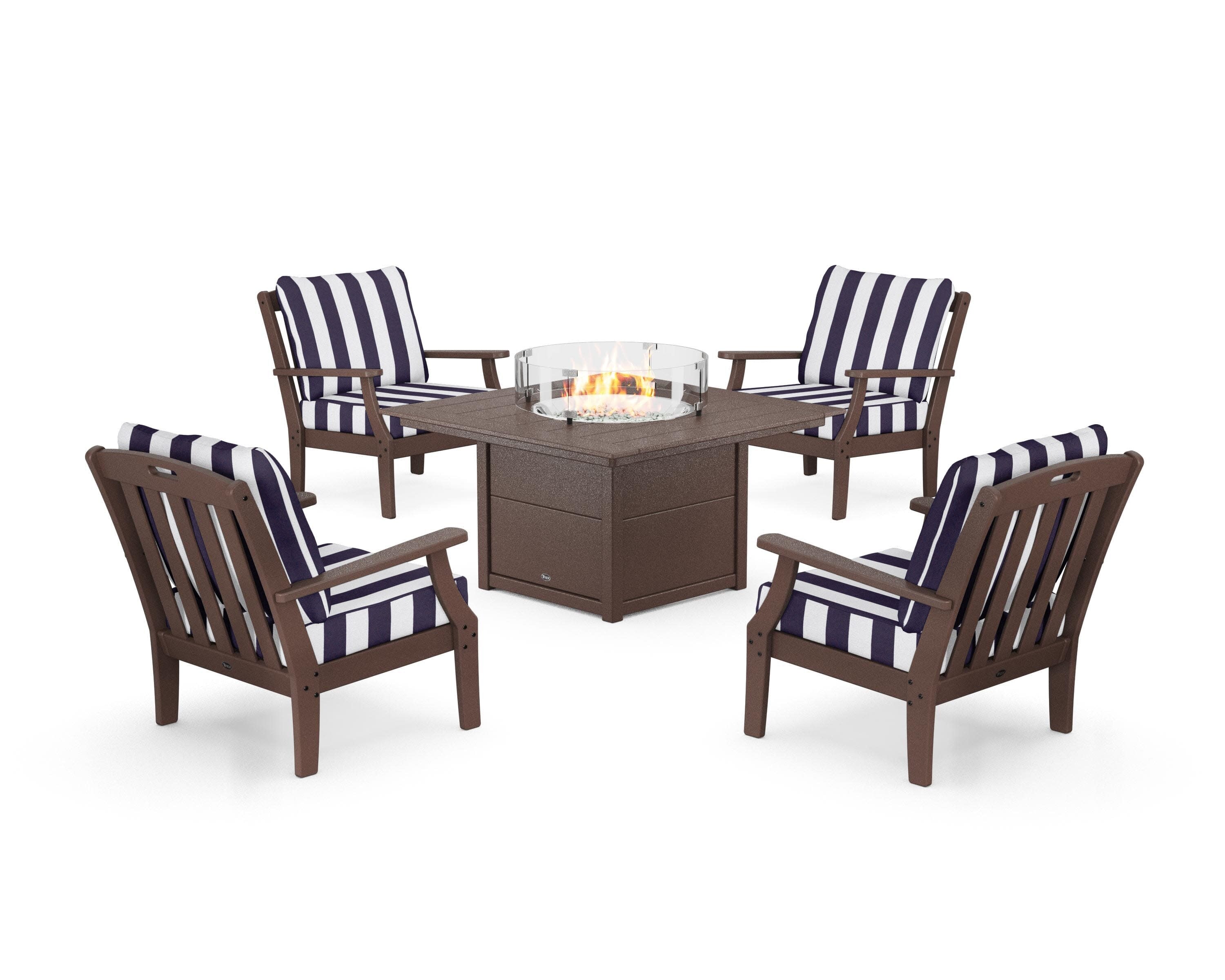 Yacht Club 5-Piece Deep Seating Set with Square Fire Pit Table in Vintage Lantern / Cabana Stripe Navy