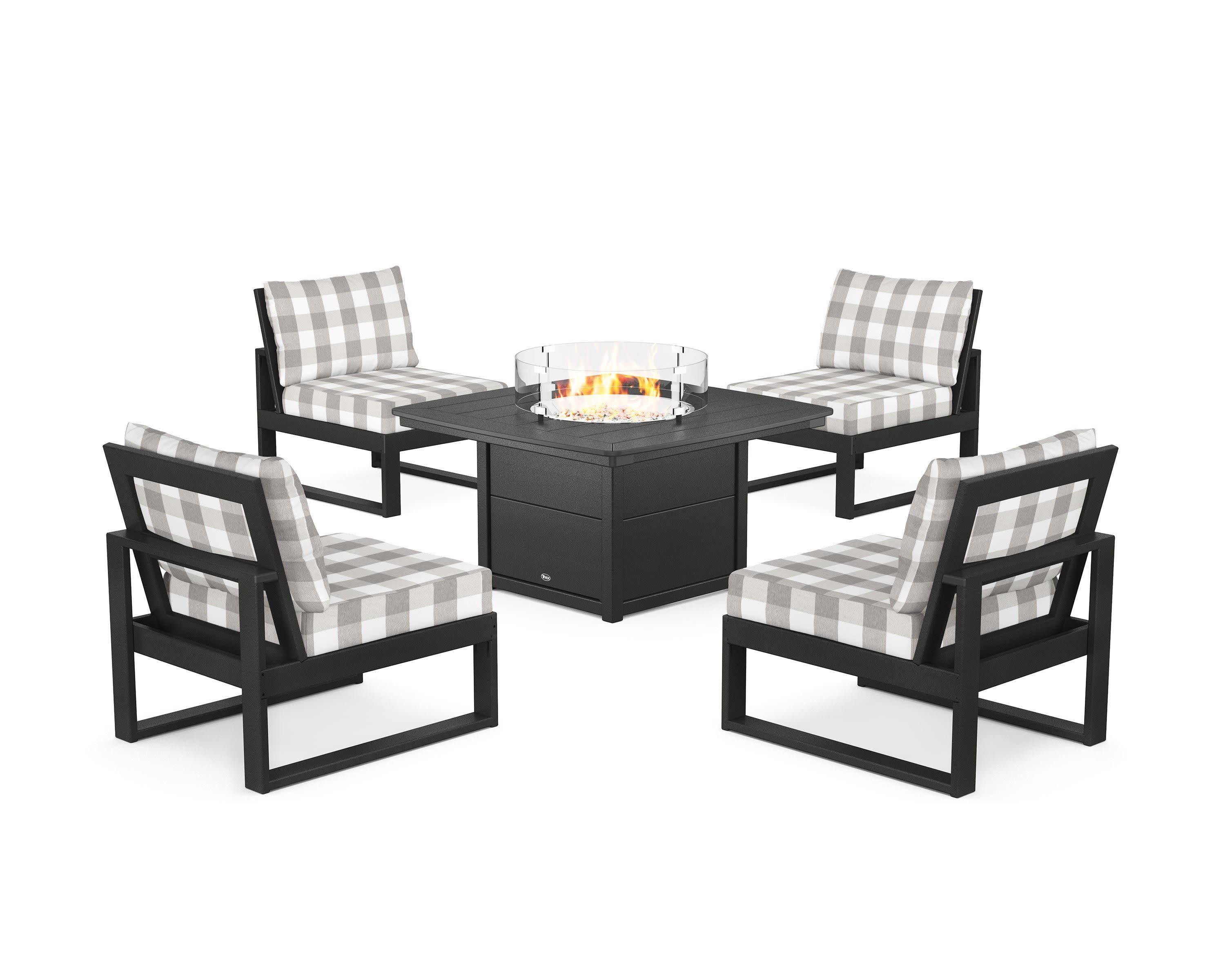 Eastport Modular 5-Piece Deep Seating Set with Yacht Club Fire Pit Table in Charcoal Black / Buffalo Plaid Grey Mist