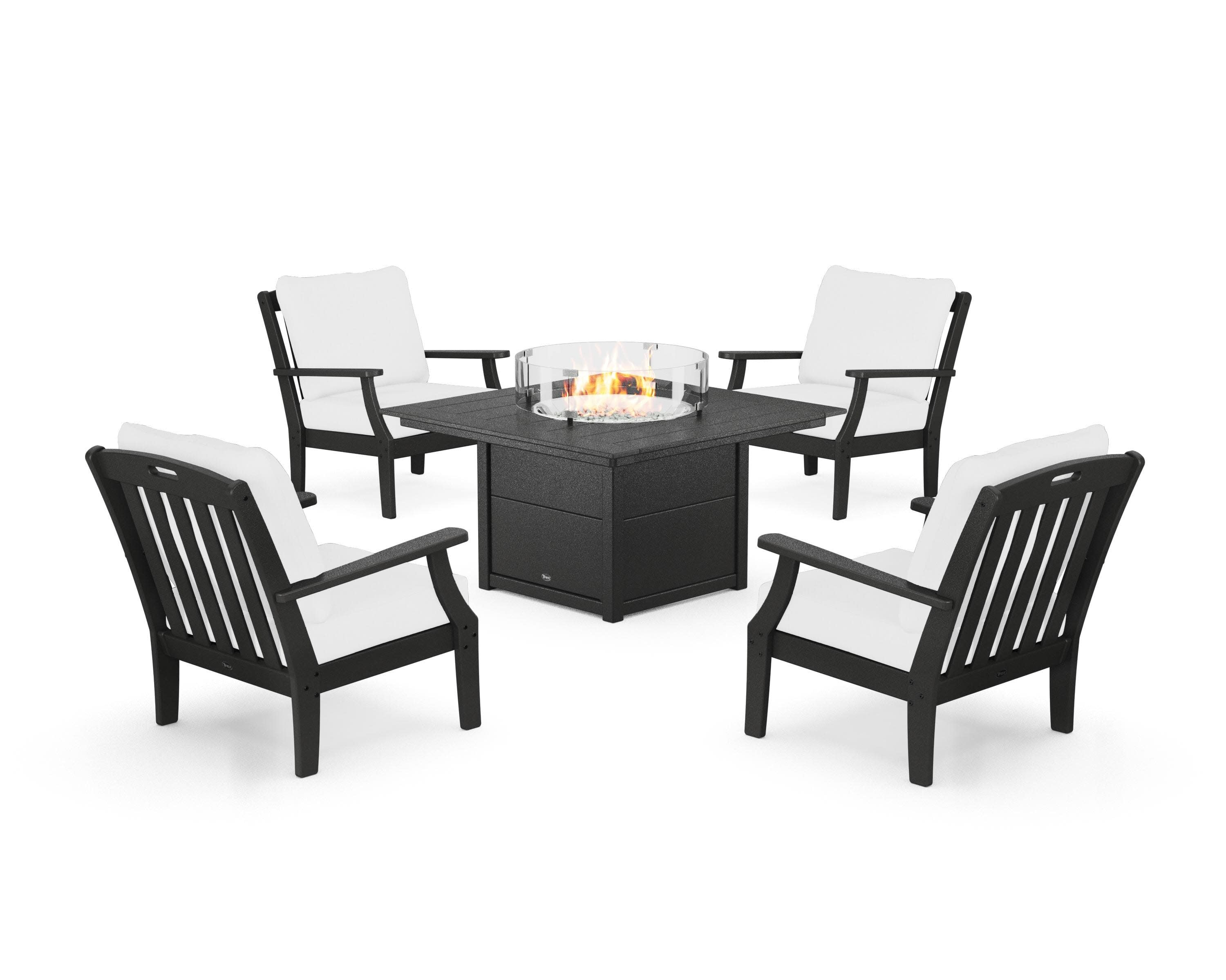 Yacht Club 5-Piece Deep Seating Set with Square Fire Pit Table in Charcoal Black / Natural