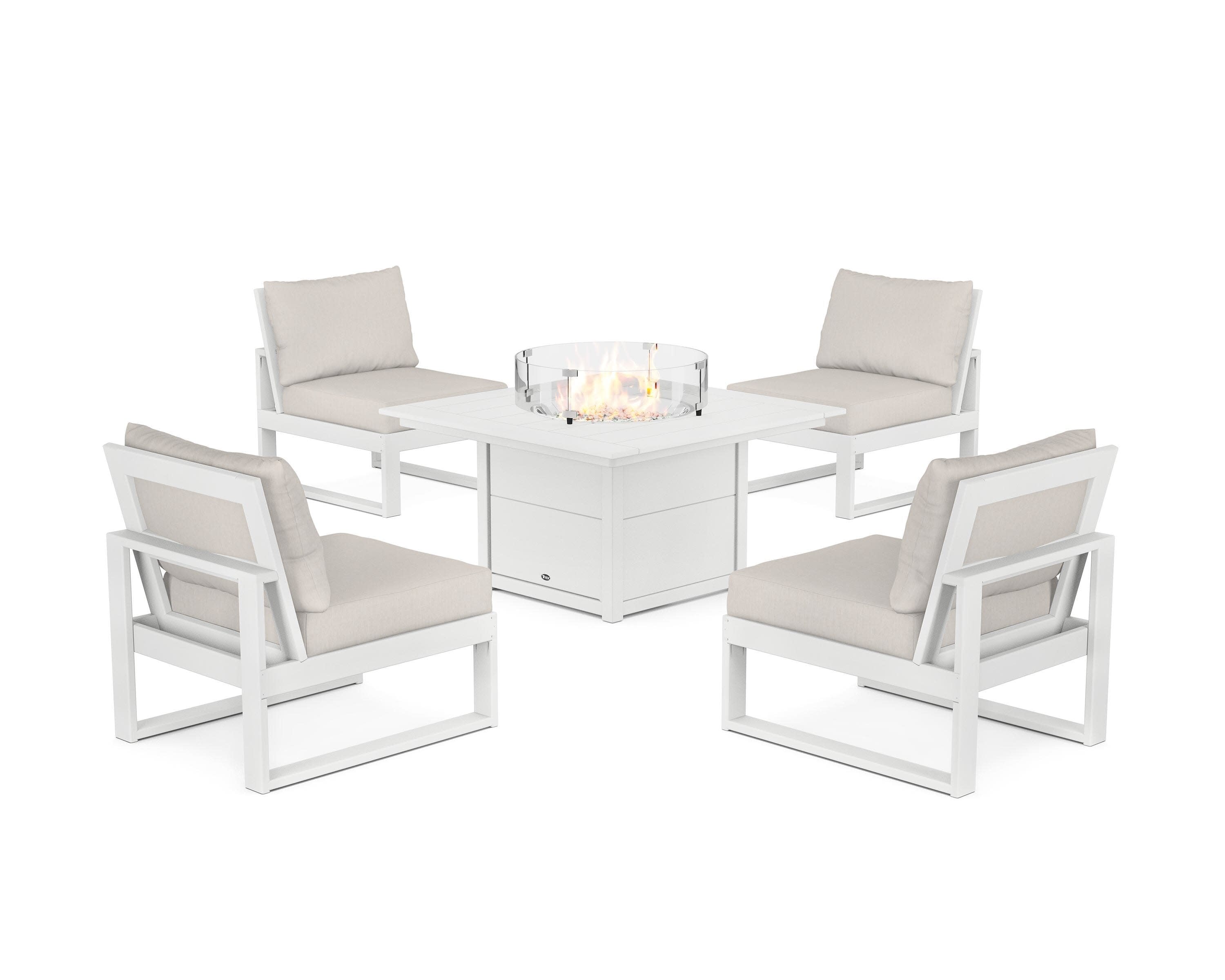 Eastport Modular 5-Piece Deep Seating Set with Square Fire Pit Table in Classic White / Cast Ash