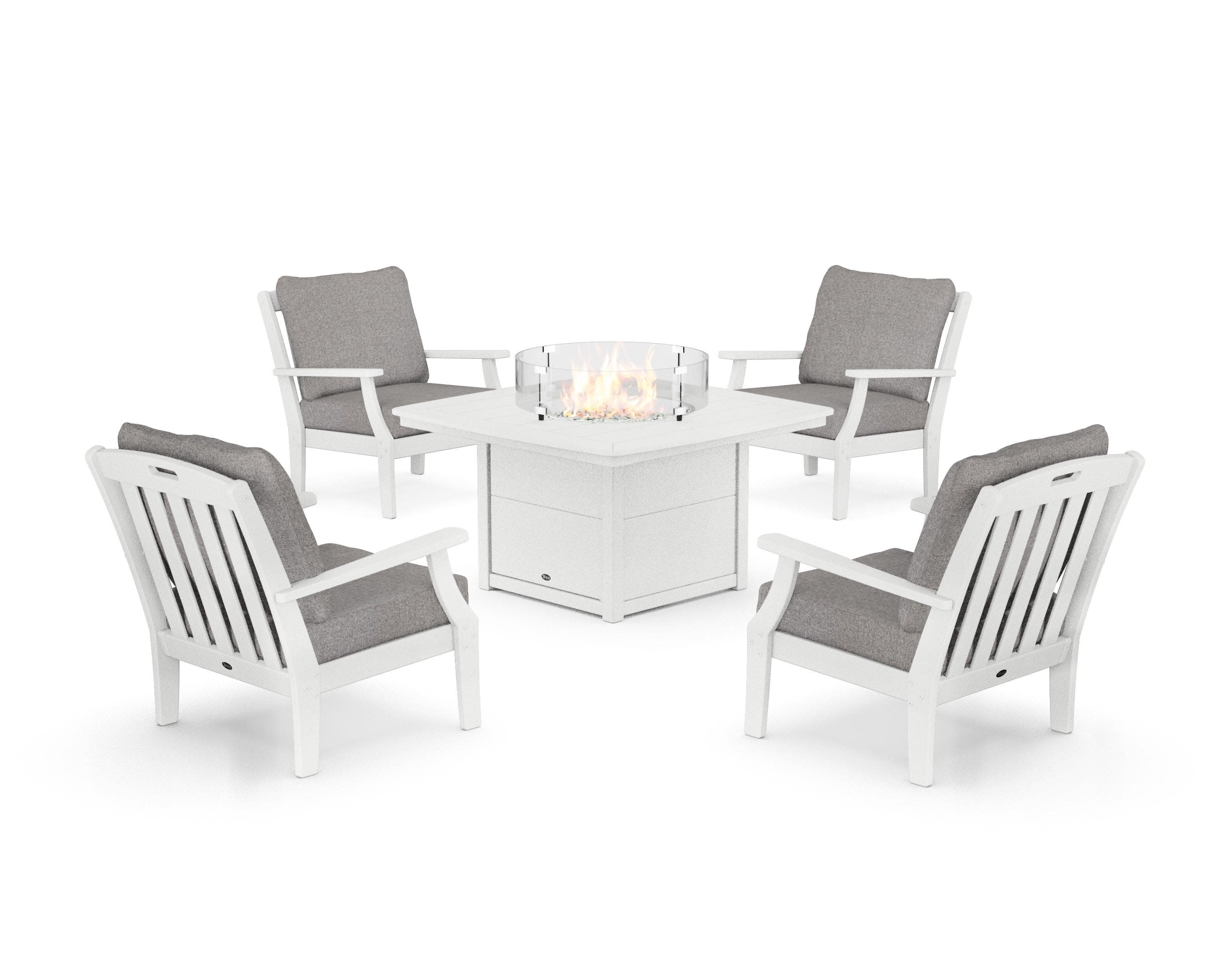 Yacht Club 5-Piece Deep Seating Set with Fire Pit Table in Classic White / Grey Mist