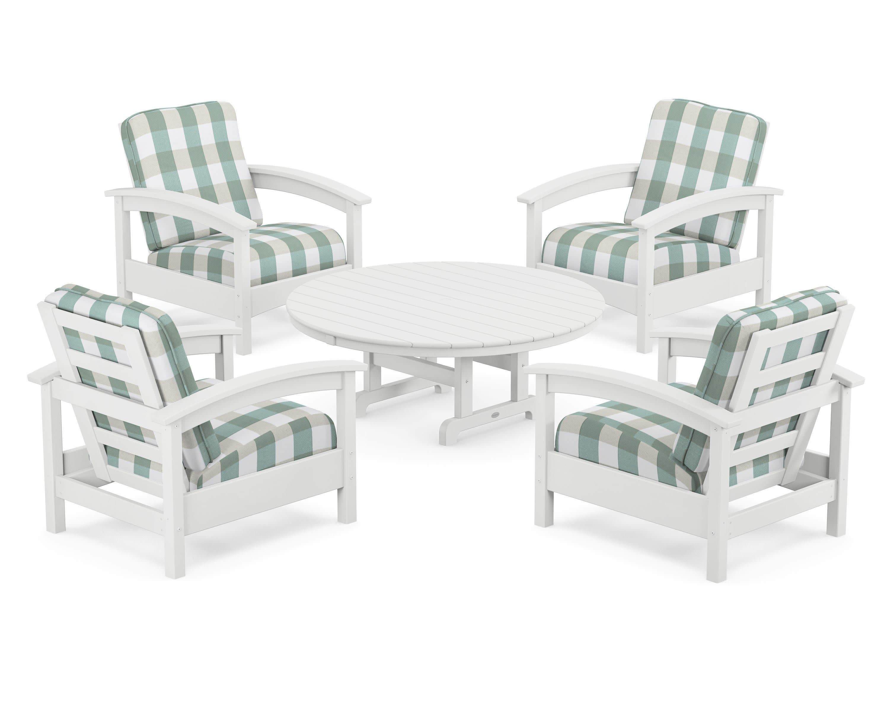 Rockport 5-Piece Deep Seating Set in Classic White / Buffalo Plaid Glacier Spa