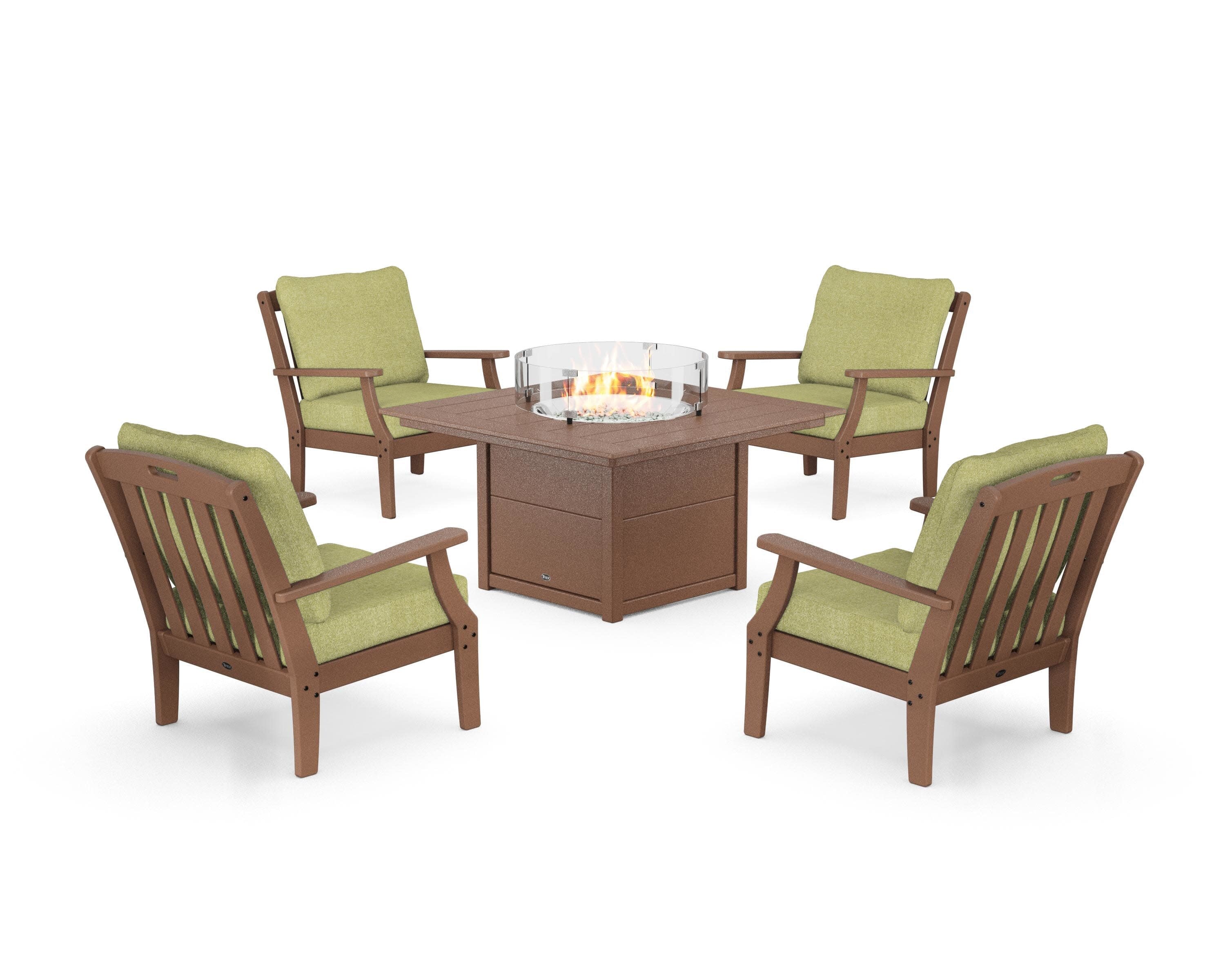 Yacht Club 5-Piece Deep Seating Set with Square Fire Pit Table in Tree House / Chartreuse Boucle