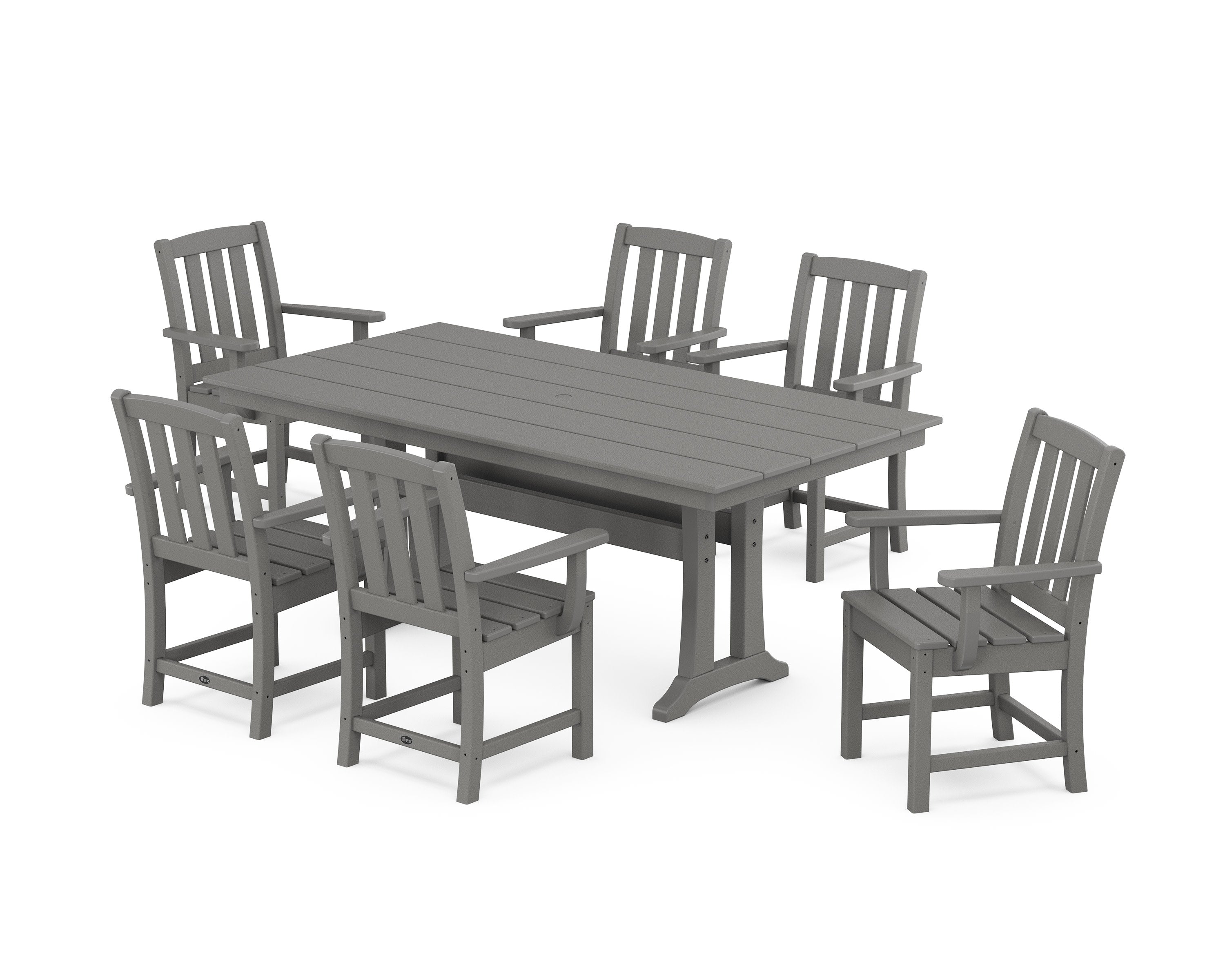 Cape Cod Arm Chair 7-Piece Farmhouse Dining Set with Trestle Legs in Stepping Stone