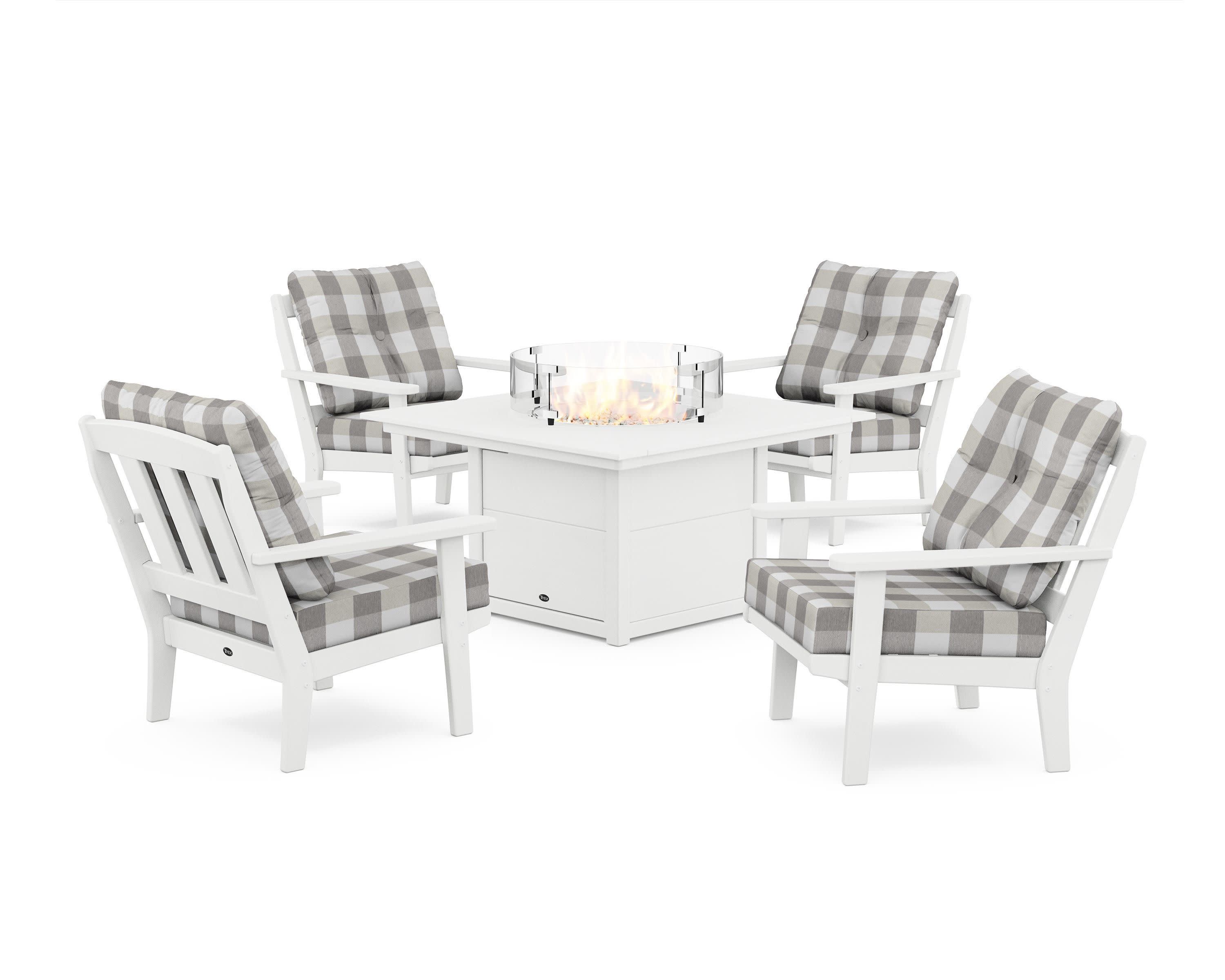Cape Cod 5-Piece Deep Seating Set with Fire Pit Table in Classic White / Buffalo Plaid Grey Mist