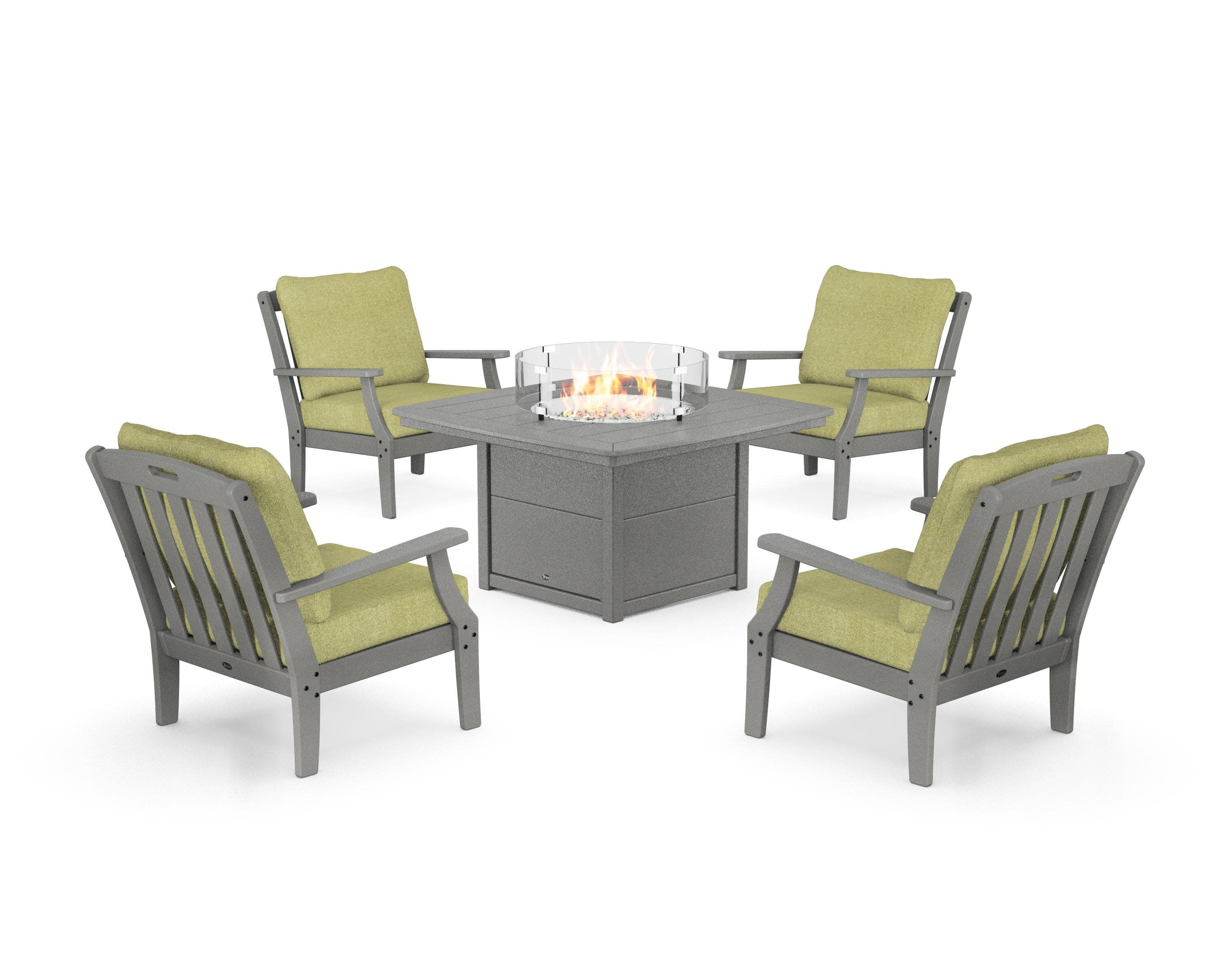 Yacht Club 5-Piece Deep Seating Set with Fire Pit Table in Stepping Stone / Chartreuse Boucle