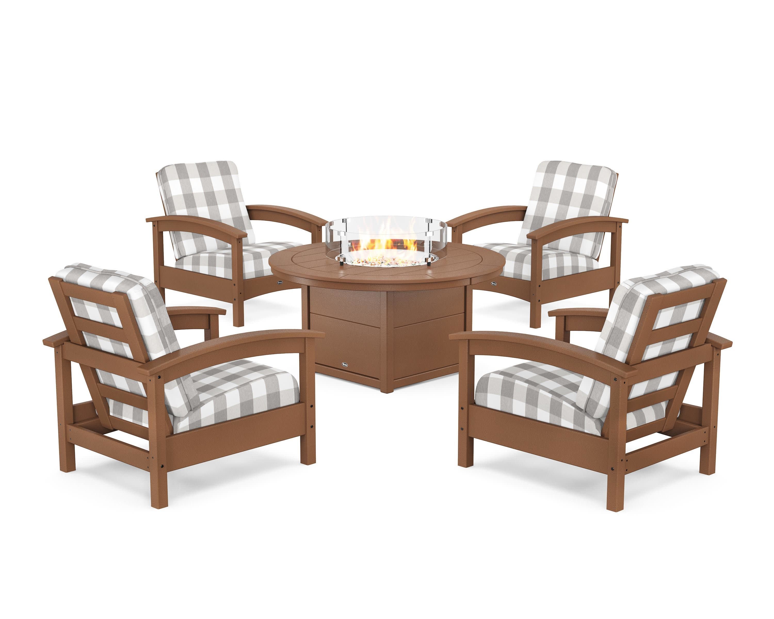 Rockport 5-Piece Deep Seating Set with Round Fire Pit Table in Tree House / Buffalo Plaid Grey Mist