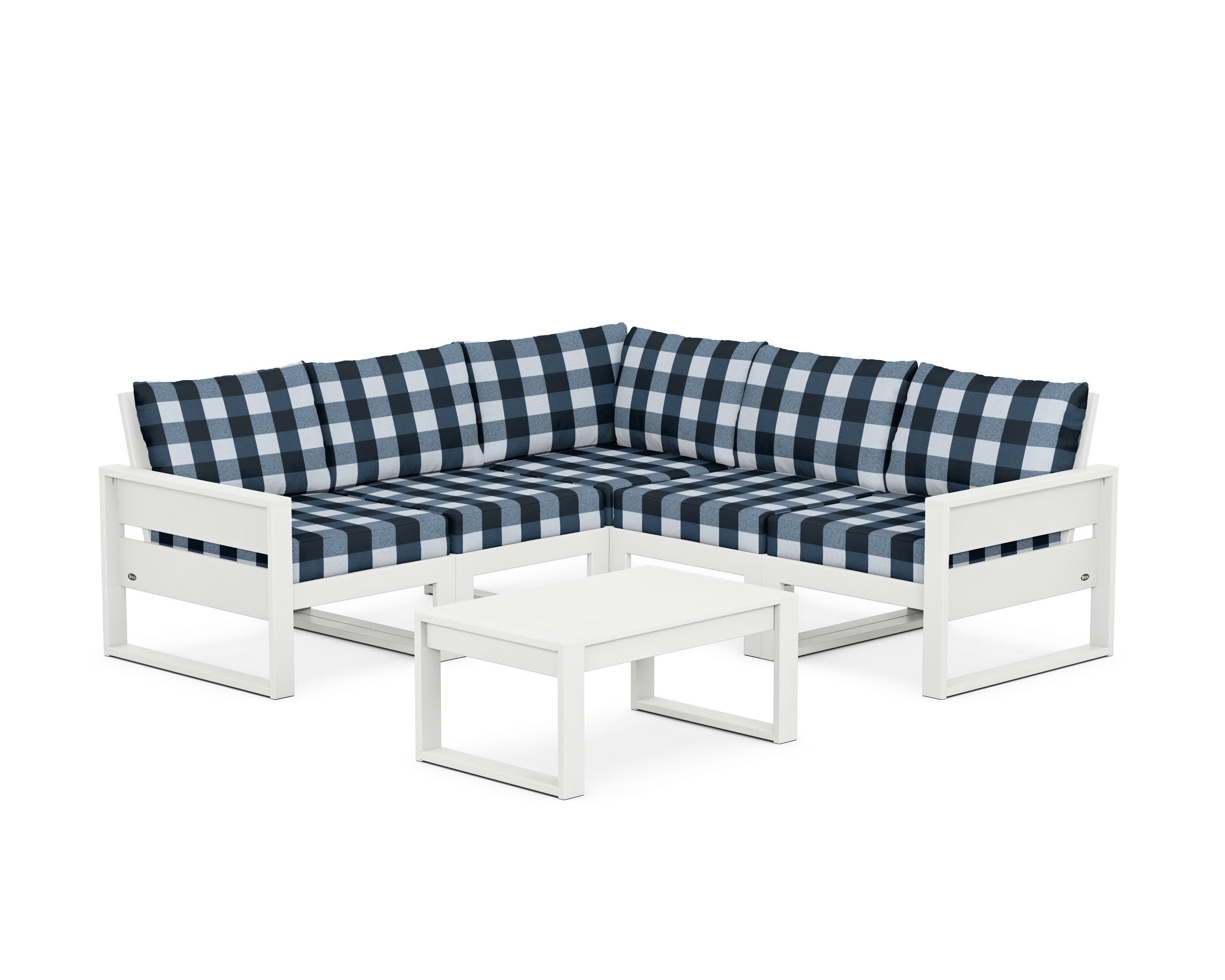 Eastport 6-Piece Deep Seating Sectional + Coffee Table Set in Classic White / Buffalo Plaid Marine Indigo