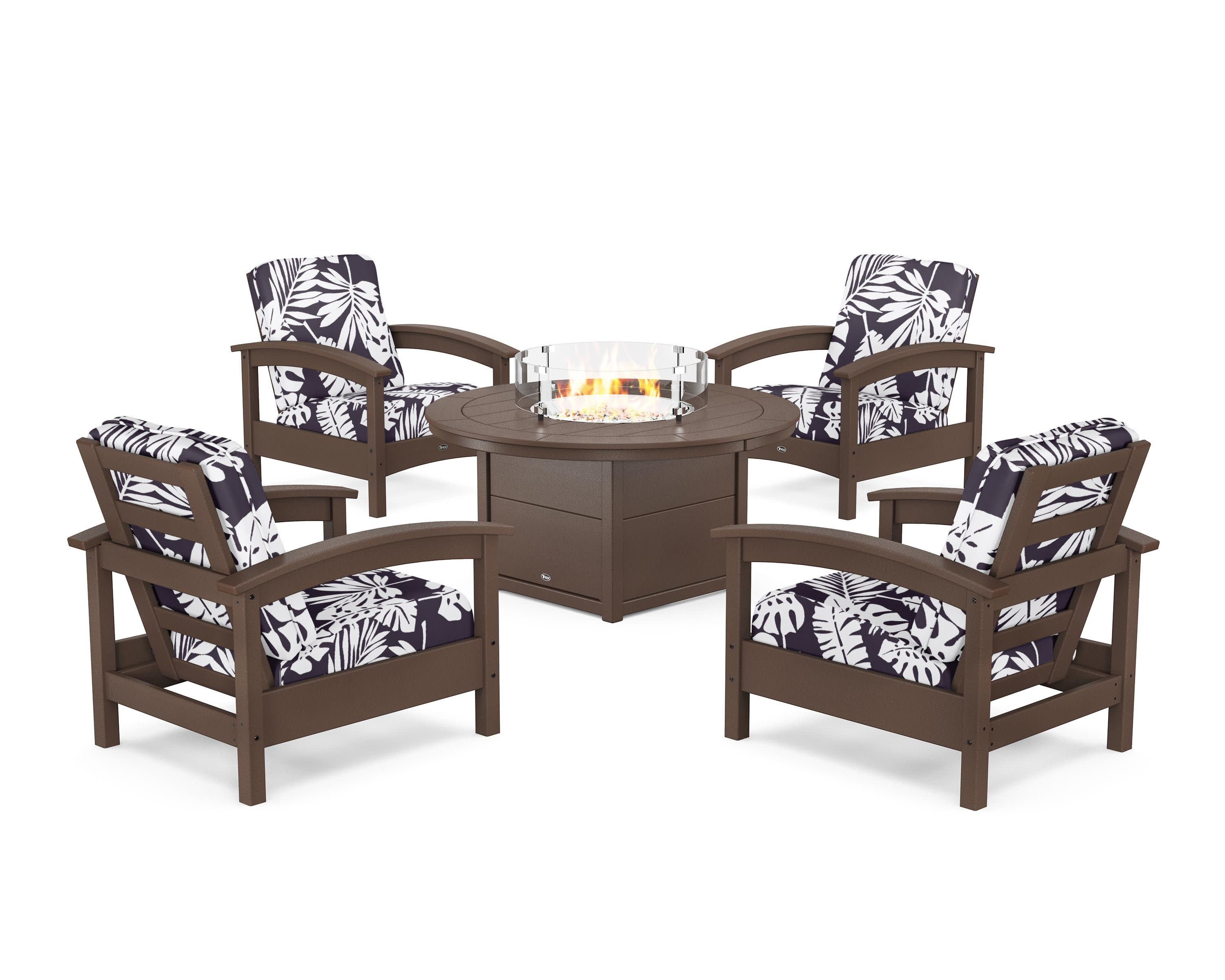 Rockport 5-Piece Deep Seating Set with Round Fire Pit Table in Vintage Lantern / Leaf Navy