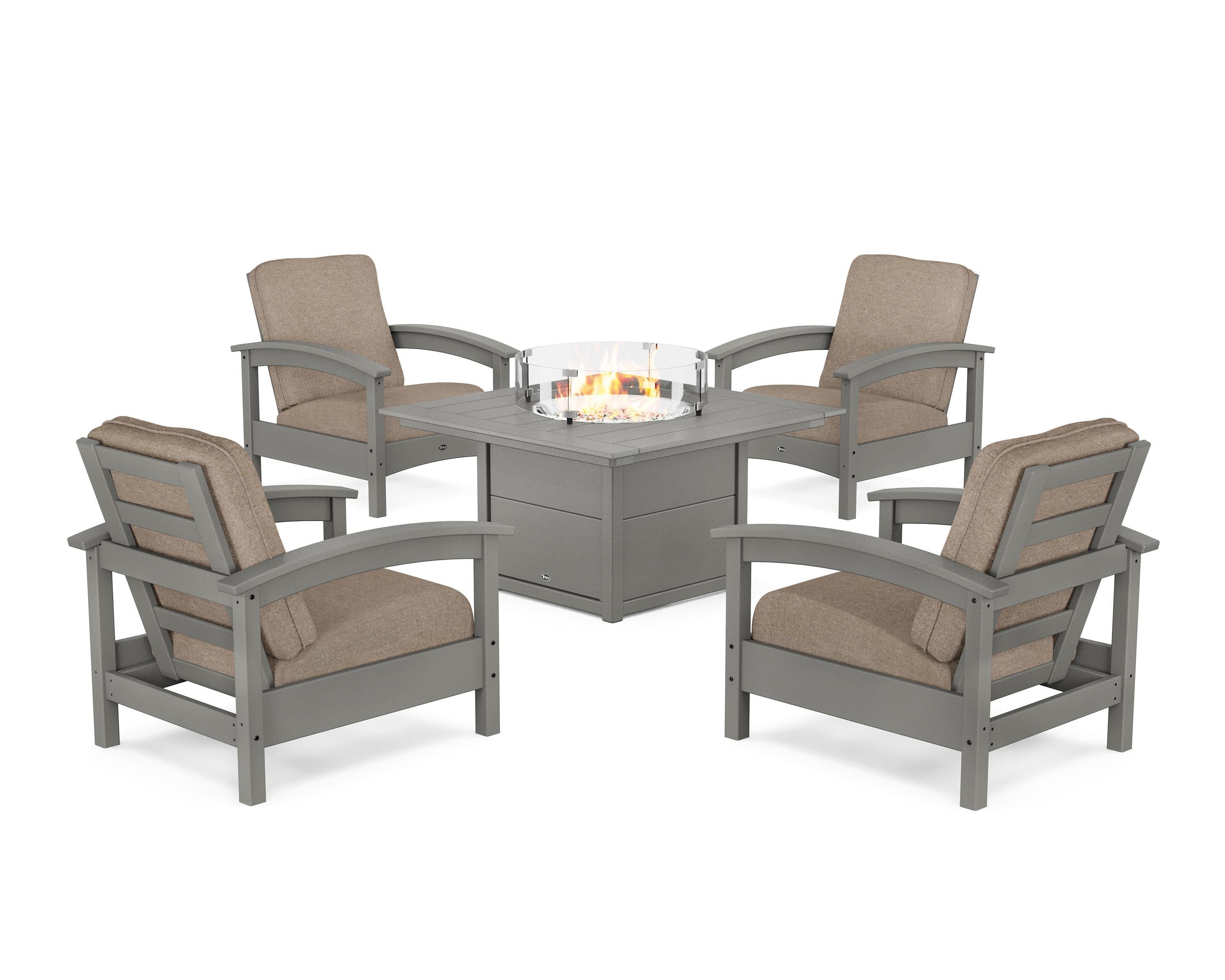 Rockport 5-Piece Deep Seating Set with Square Fire Pit Table in Stepping Stone / Spiced Burlap
