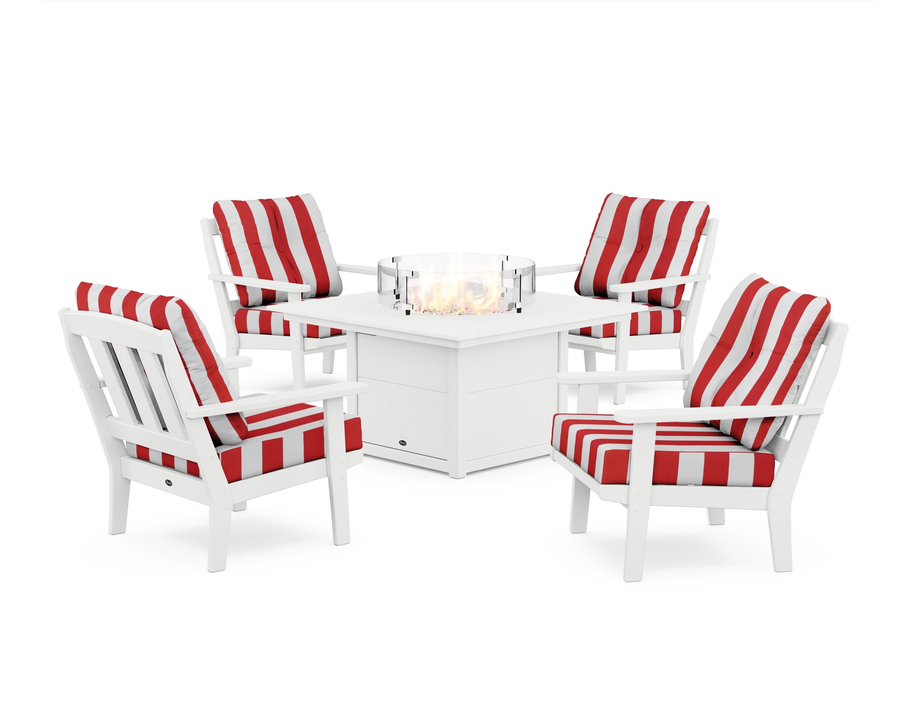Cape Cod 5-Piece Deep Seating Set with Fire Pit Table in Classic White / Cabana Stripe Crimson