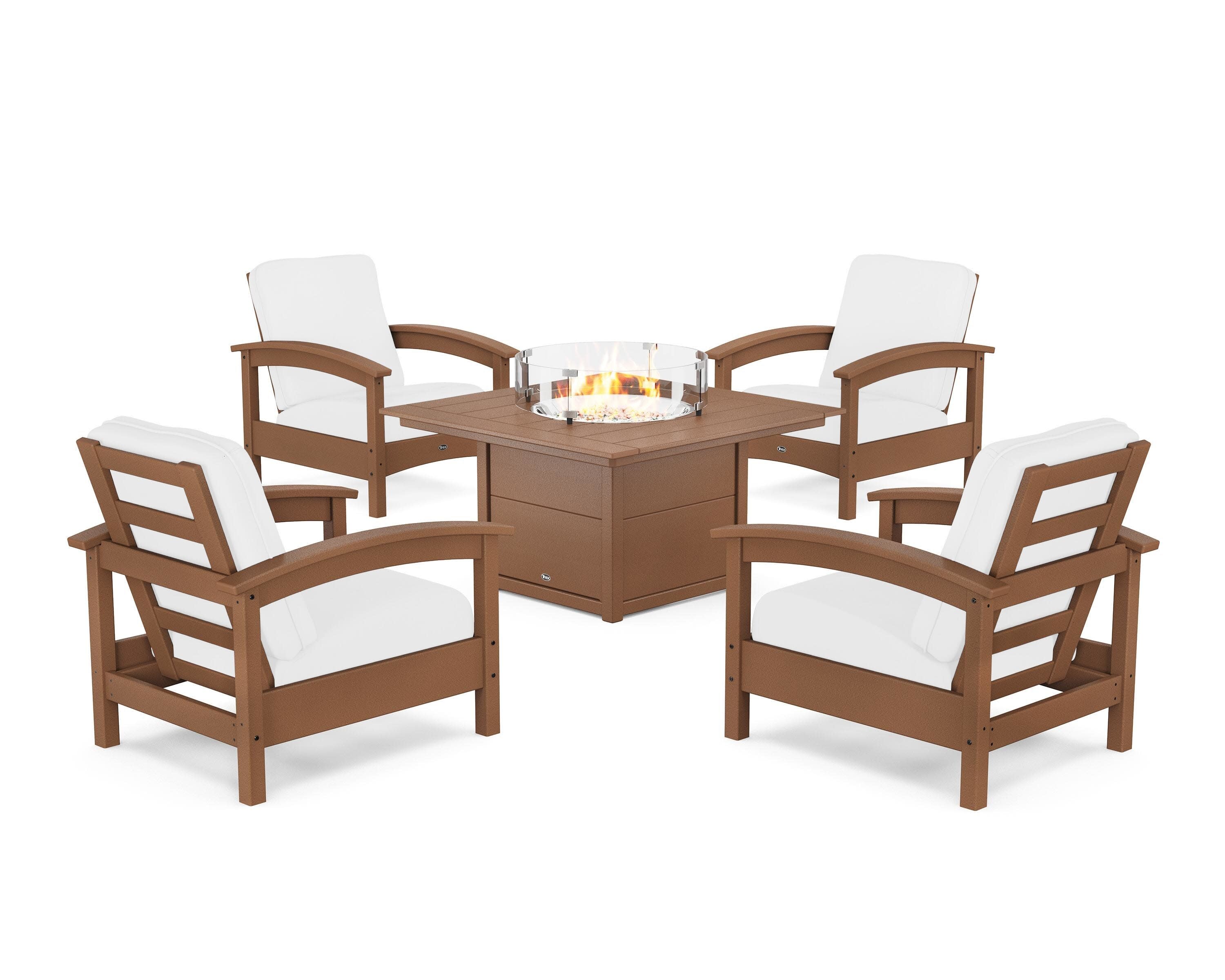 Rockport 5-Piece Deep Seating Set with Square Fire Pit Table in Tree House / Natural